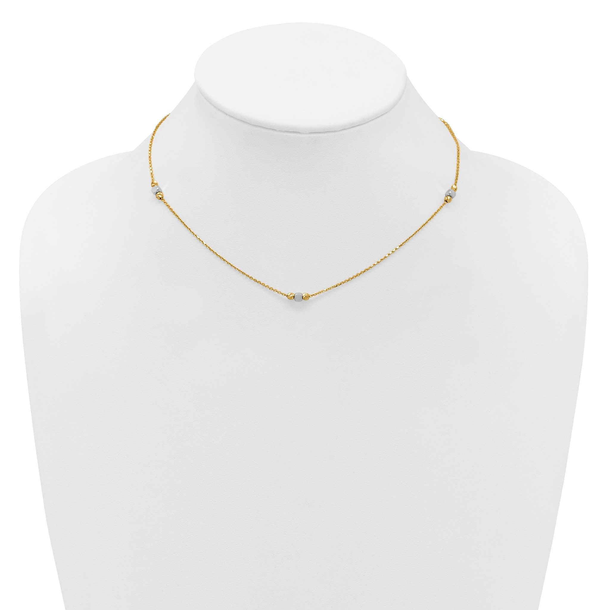 14K Two-tone Polished / Dia-cut Beads w/2in ext. Necklace