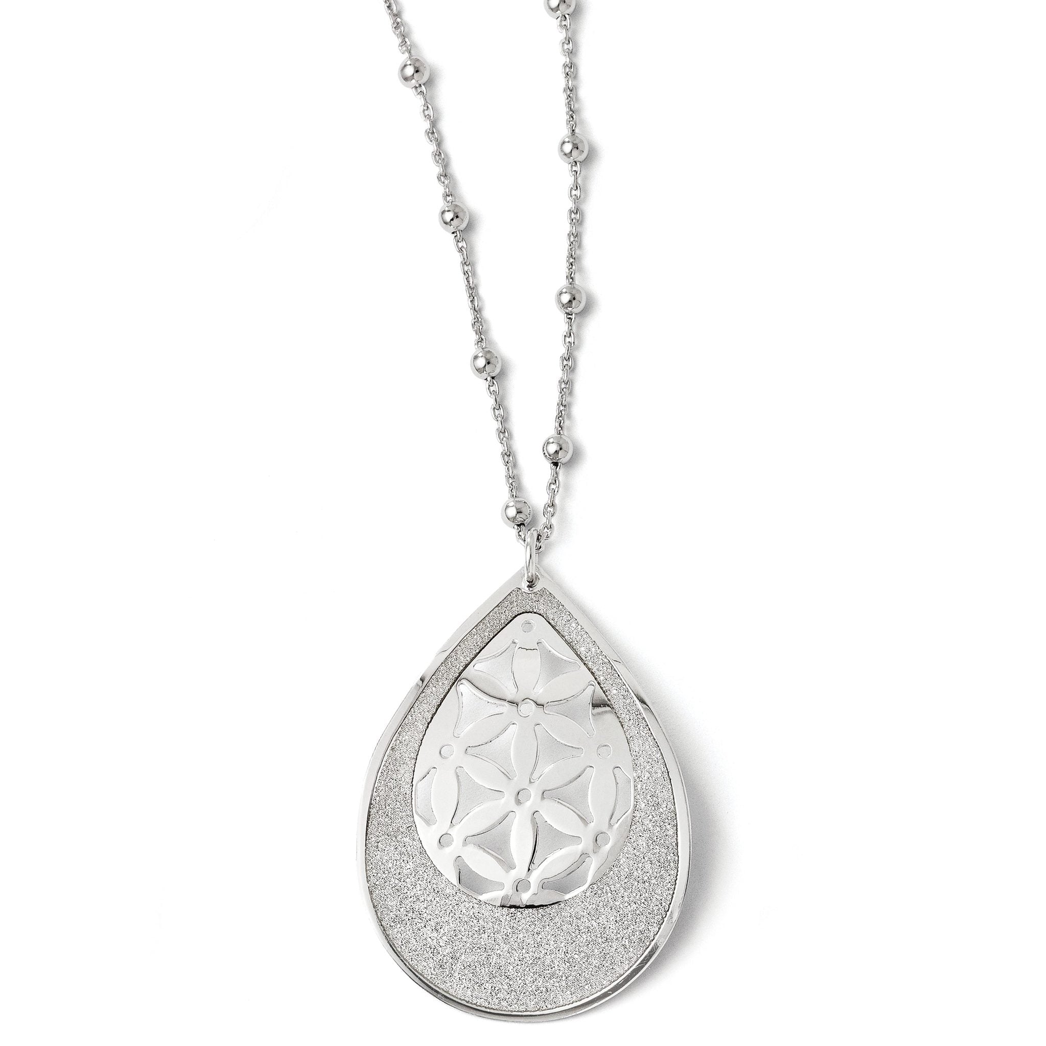 Sterling Silver 925 Polished Beaded Necklace with Glitter Pendant Extension
