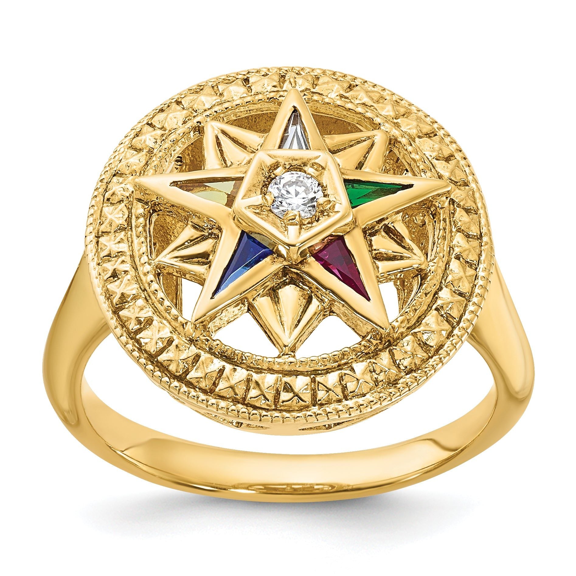 14k Women's Polished and Textured with Multi-color CZ and Diamond Eastern Star Masonic Ring Main image