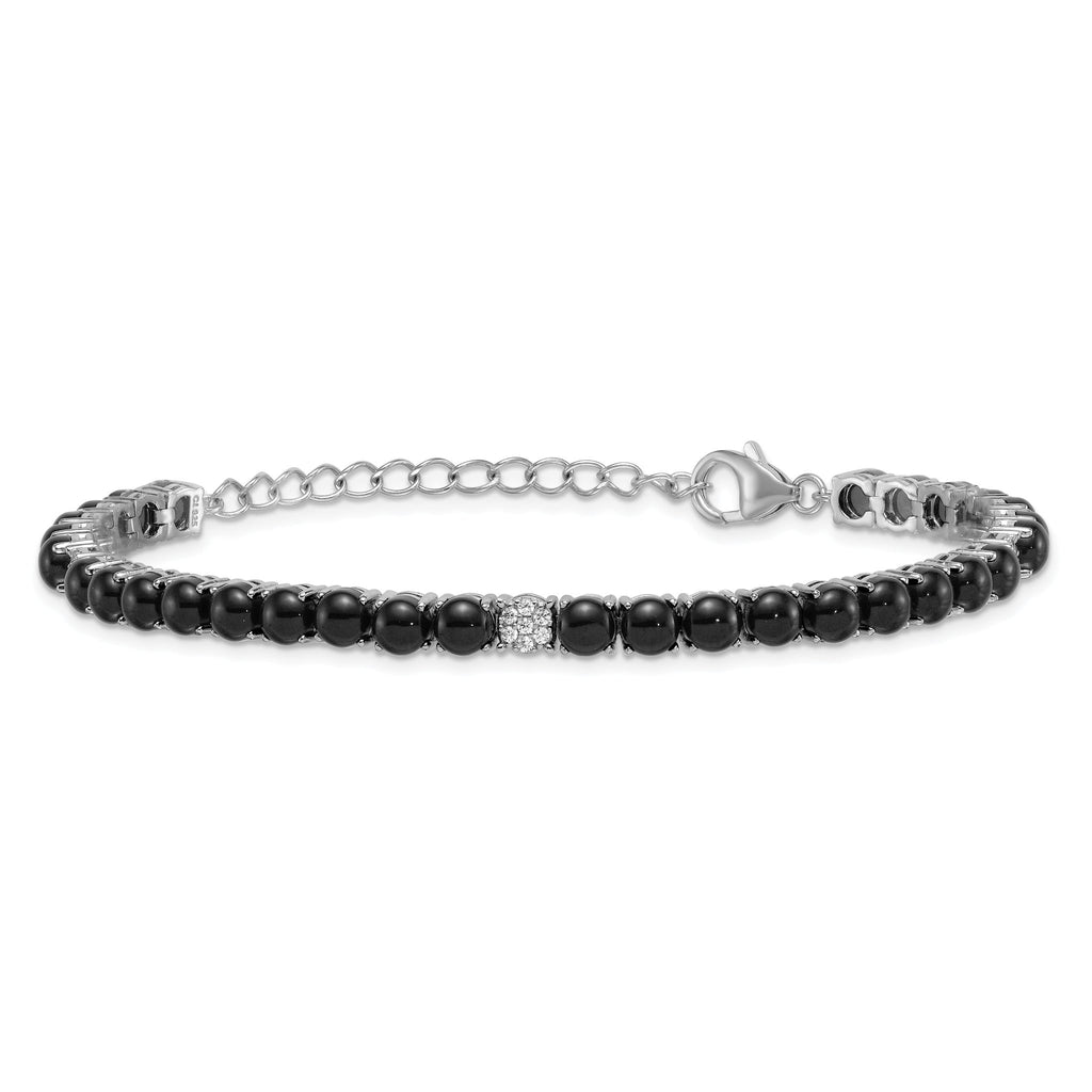 Sterling Silver Rhodium-plated Polished Pave CZ and Onyx 7.5 Inch with 1.5 Inch Extension Bracelet