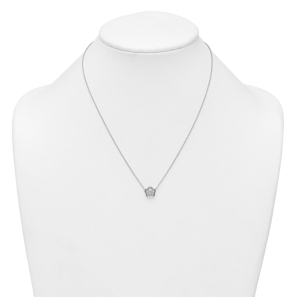 Sterling Silver Rhodium-plated Polished Textured CZ Flower 18 Inch Necklace