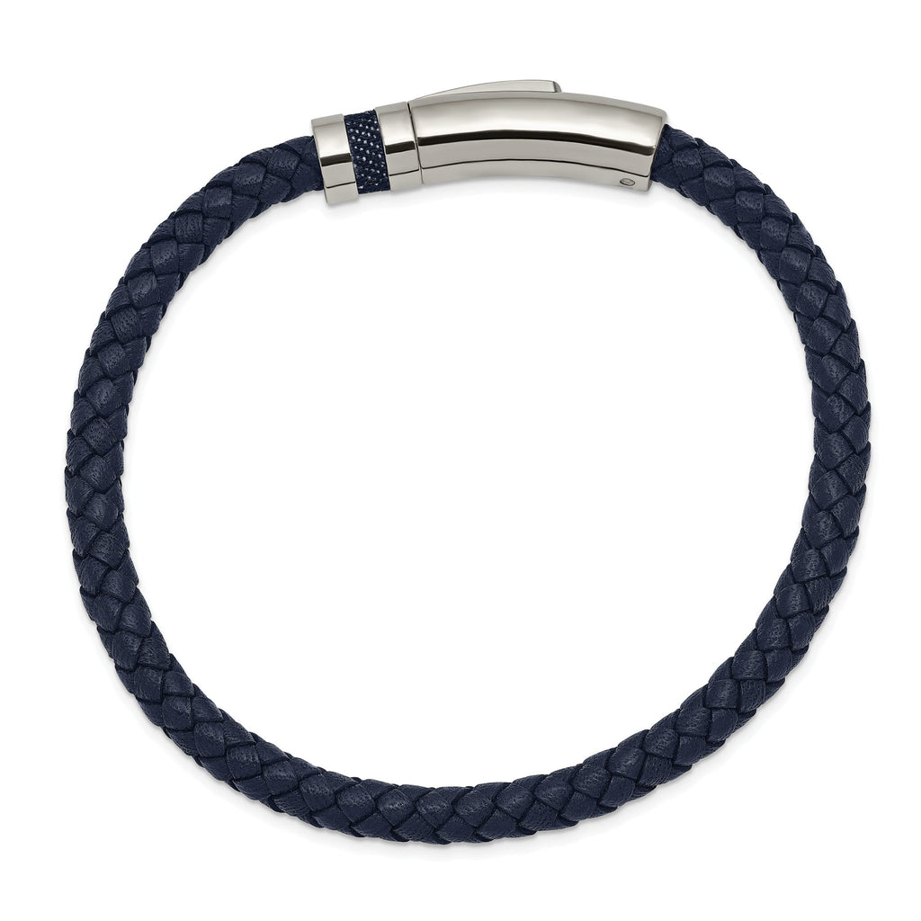 Stainless Steel Polished Blue Braided Leather Bracelet for Men