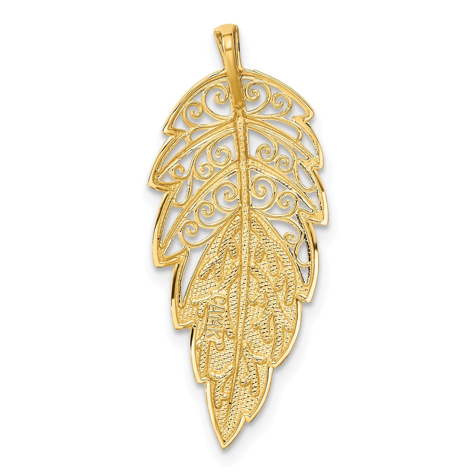 14K Yellow Gold Diamond Cut Leaf Slide Pendant Elegant Textured Design