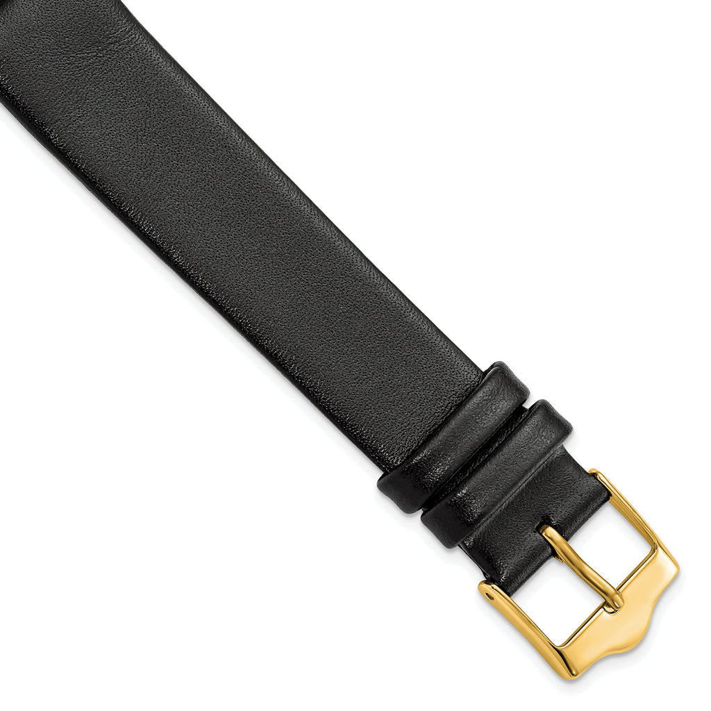 Smooth Flat Leather Watch Band in Black with Gold-Tone Buckle, 18mm