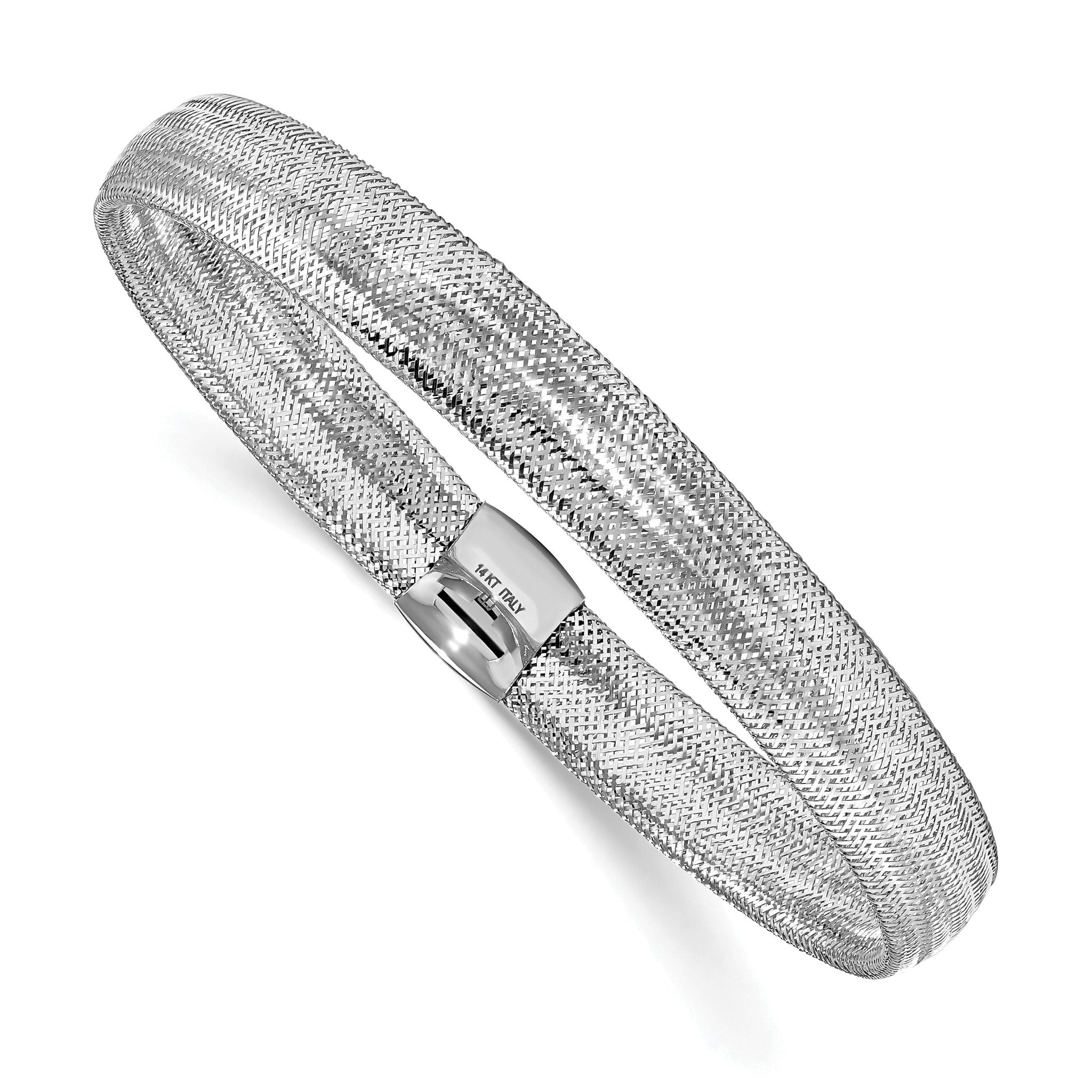 14K with White Rhodium Plating Polished Mesh Stretch Bracelet