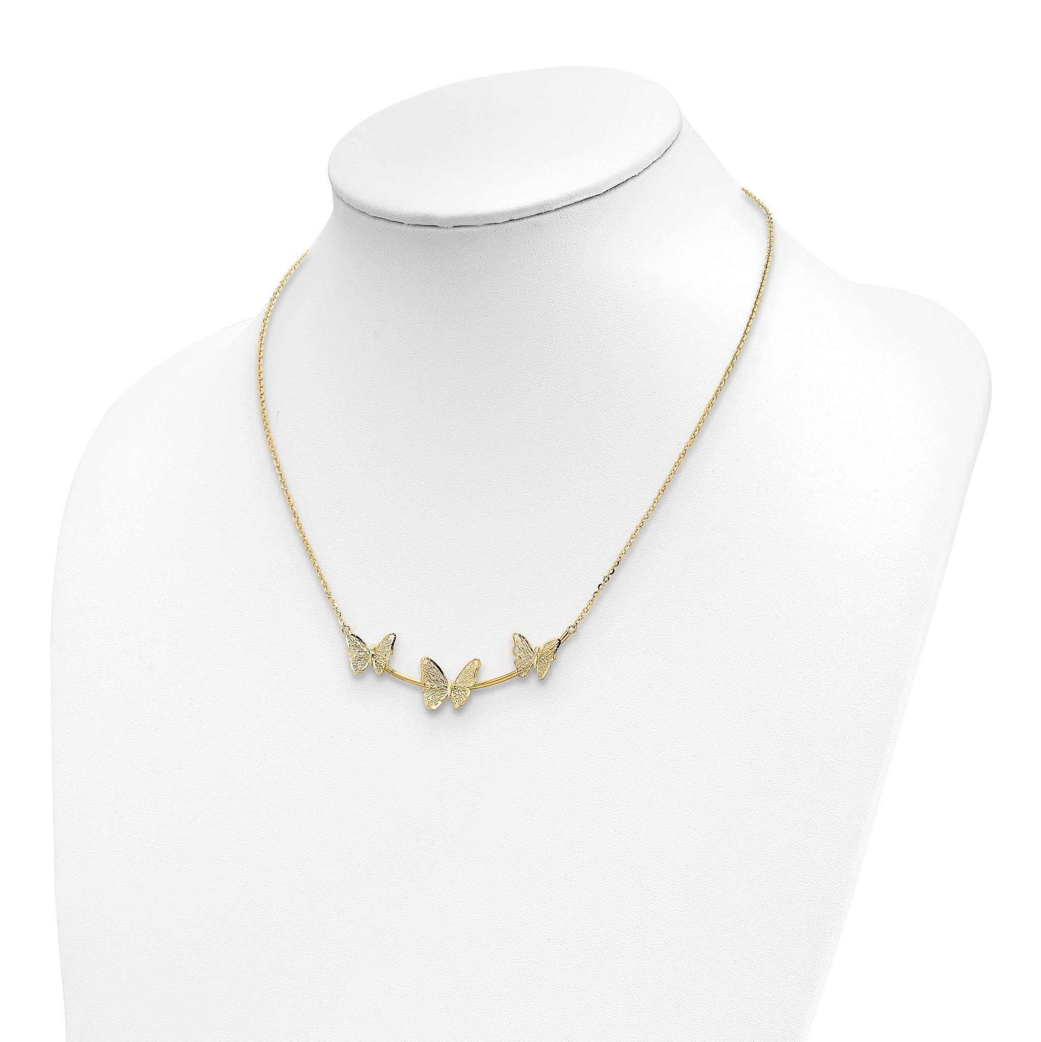 14K Polished Filigree 3-Butterfly Bar Necklace