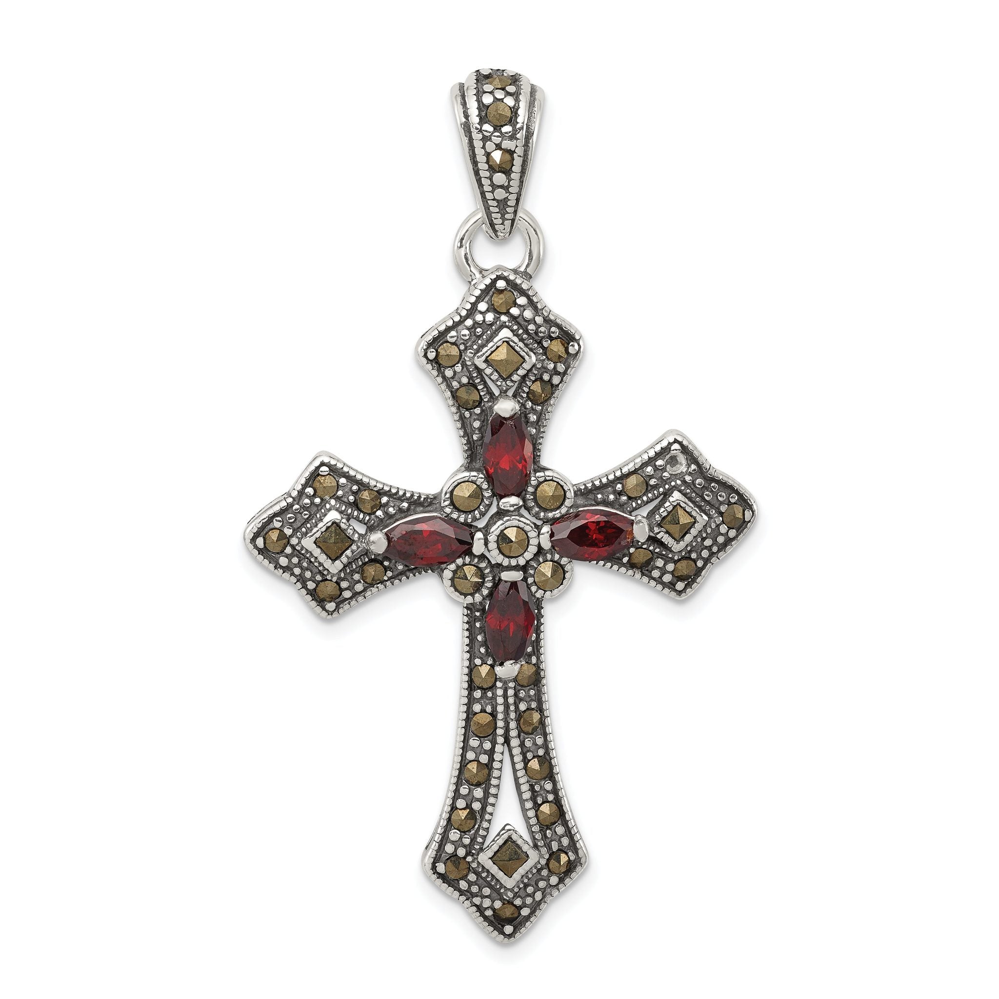 Sterling Silver 925 Vintage Red Marquise CZ Cross Pendant by Sophia Jewelers