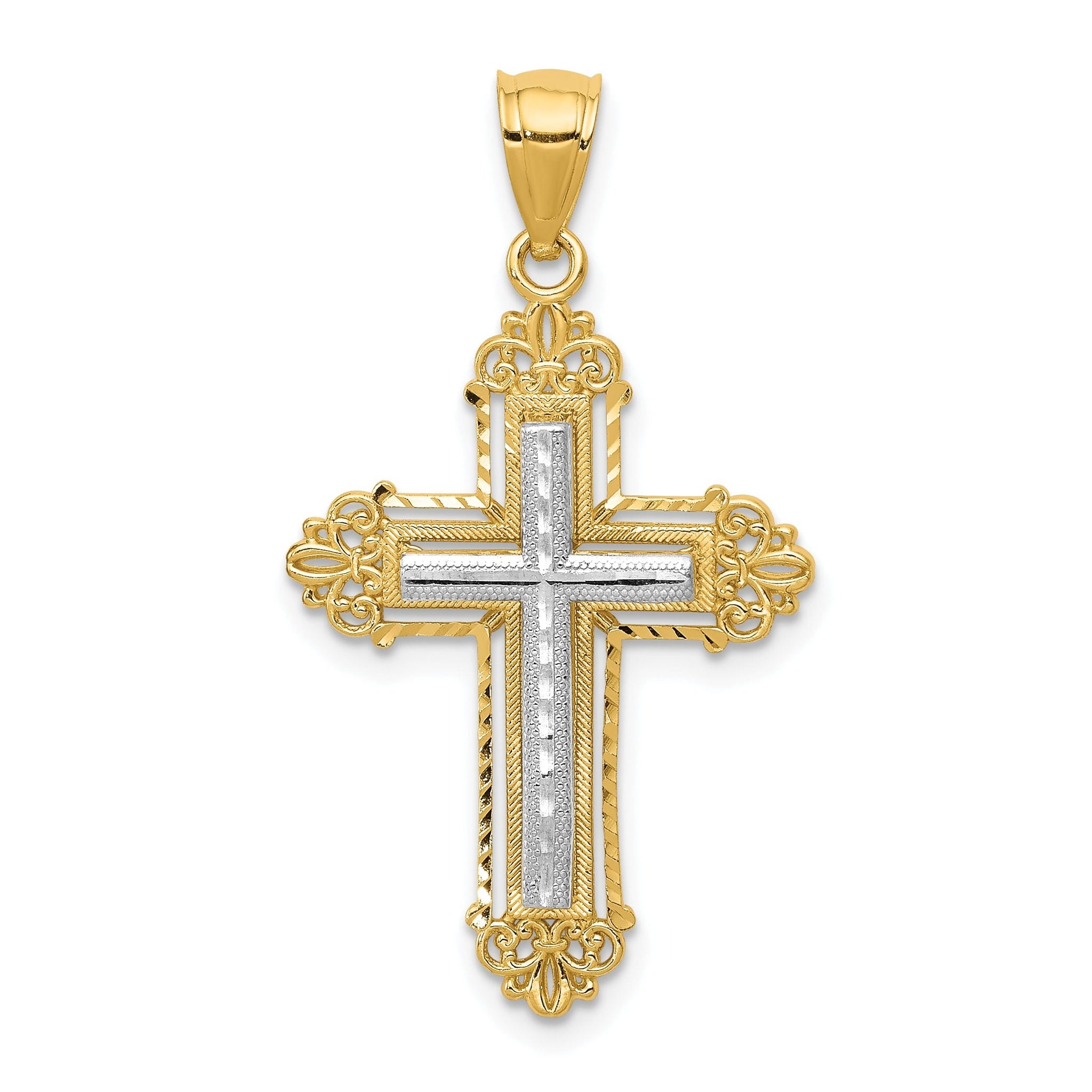 14K Two-Tone Fleur De Lis Cross Pendant  Elegant Solid Gold Design