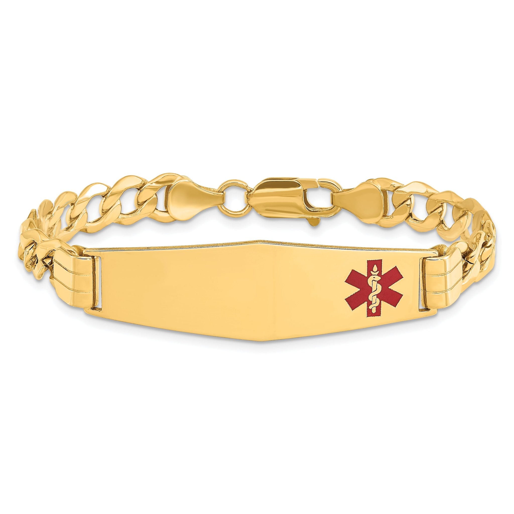 14K Medical Semi-Solid Chain/Solid Plate Soft Diamond Shape 40x12mm Off-Center Red Enamel Curb Link 8 inch ID Bracelet Secondary image