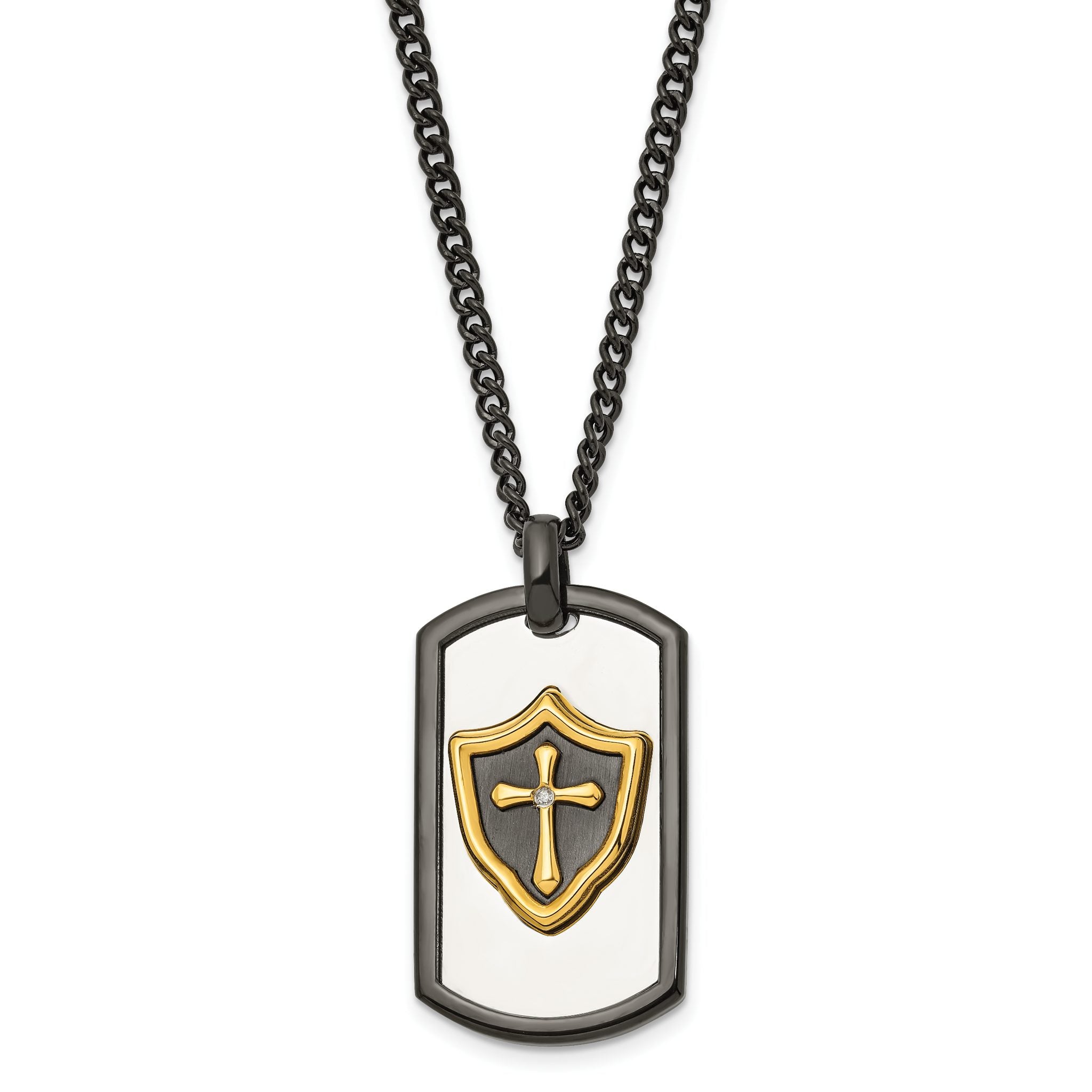Chisel Stainless Steel Polished Black and Yellow IP-plated with CZ HERO Dog Tag on a 24 inch Curb Chain Necklace Main image