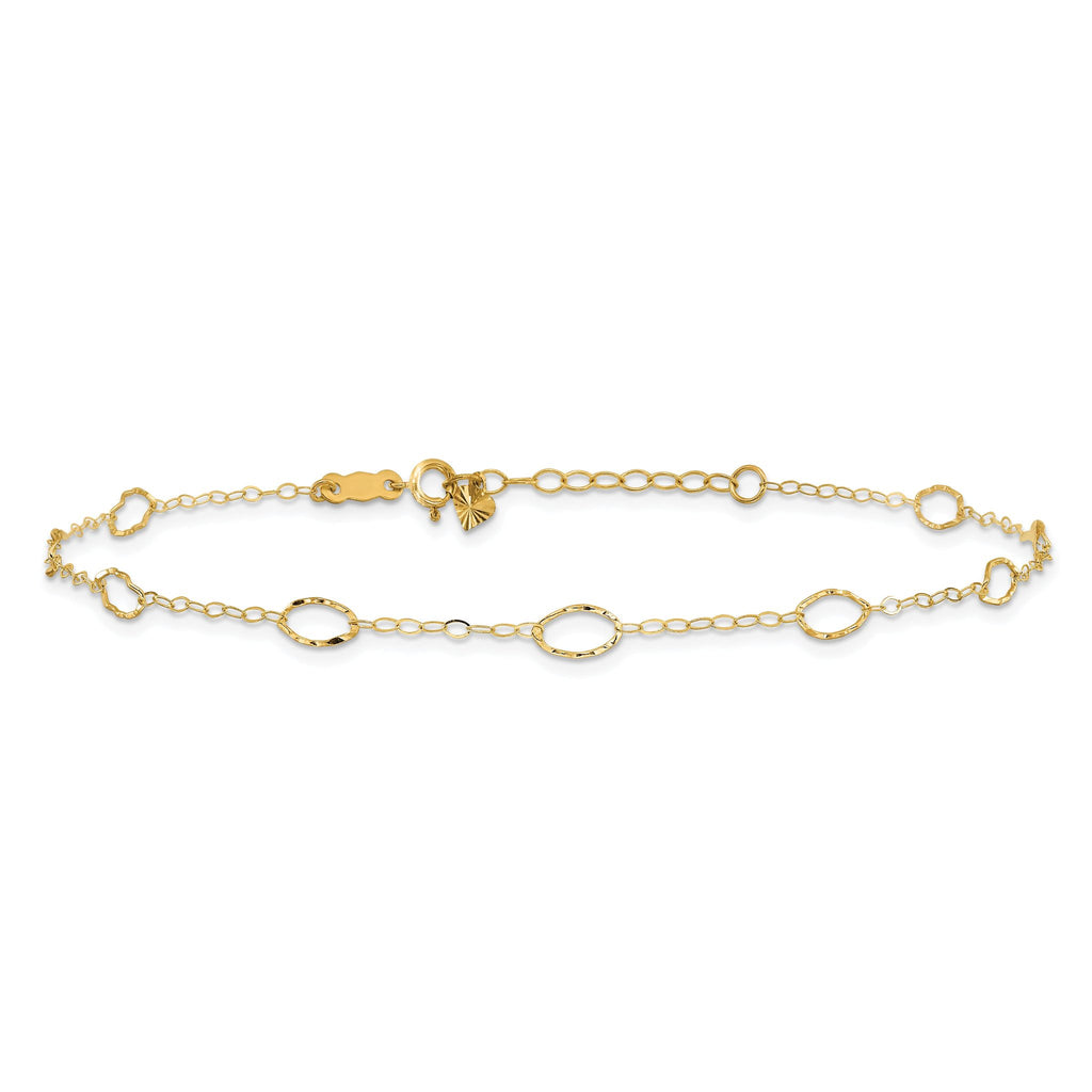 14k Textured Oval Shapes 9 inch Plus 1 inch Extender - Total 10 inch Anklet