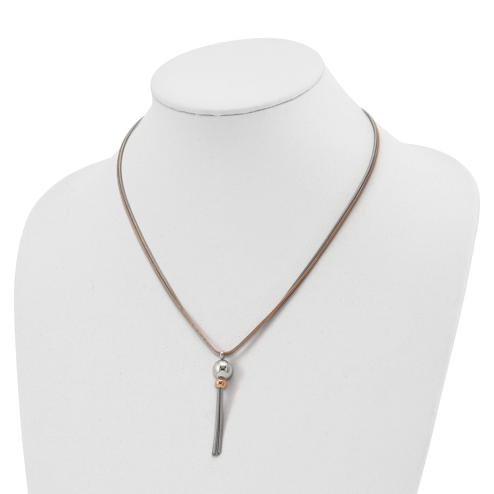 Stainless Steel Polished Rose IP-plated 2-Strand 18.5 inch Tassel Necklace