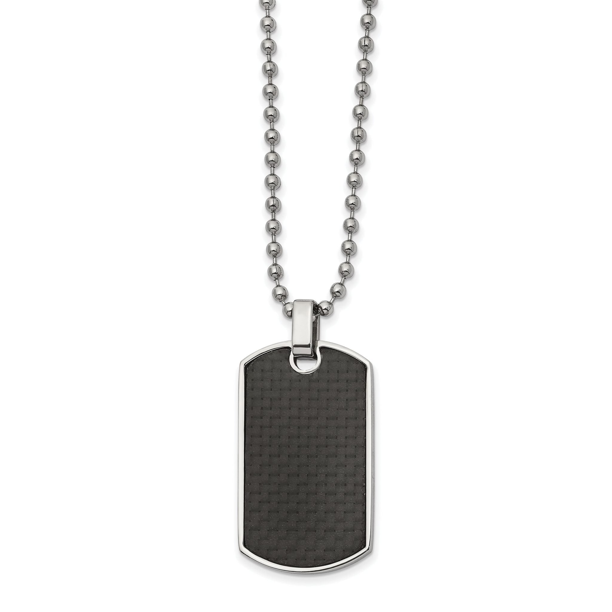 Chisel Stainless Steel Polished Black Carbon Fiber and Wood Inlay Reversible Dog Tag on a 22 in Ball Chain Necklace Main image