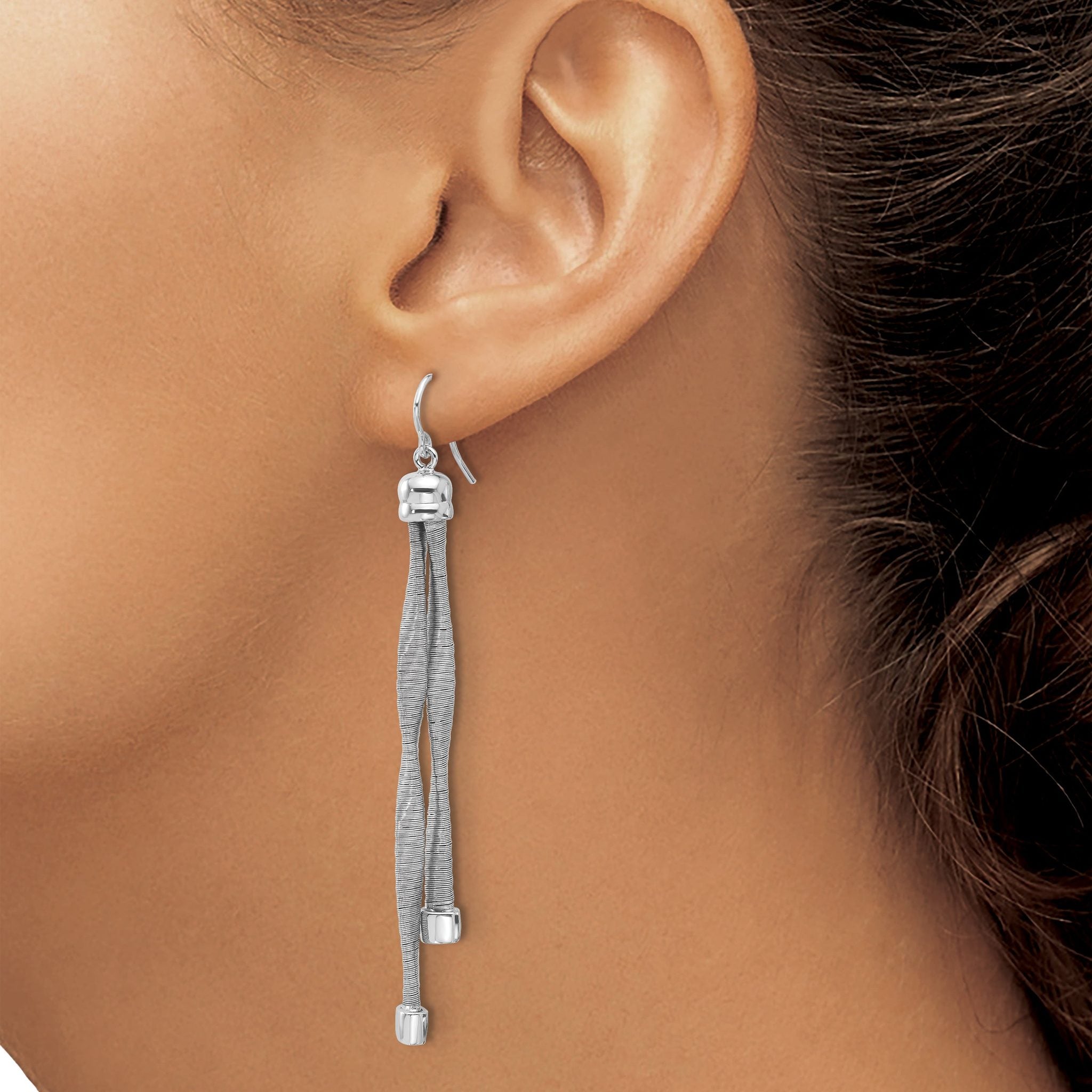 Sterling Silver Rh-pl Twist Texture Wrapped 2-strand Twist Earring