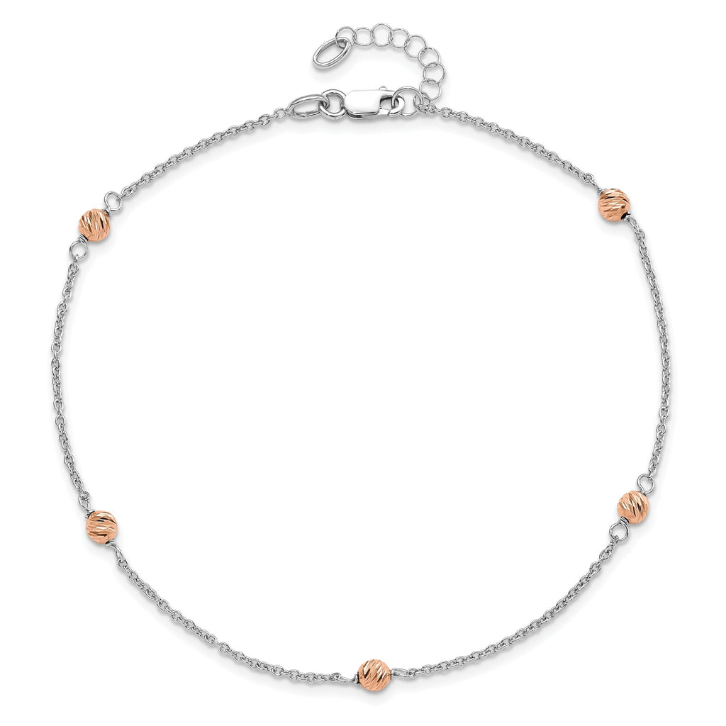 14K White and Rose Gold Polished D/C Beaded With 1in ext. Anklet