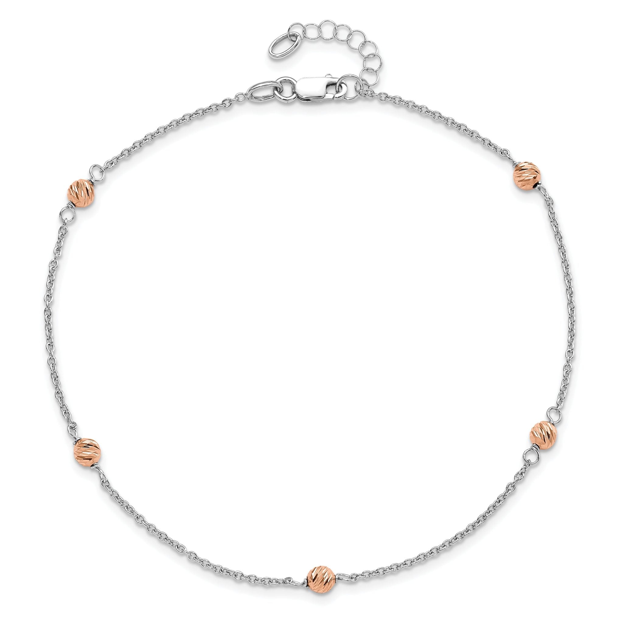 14K White and Rose Gold Polished D/C Beaded With 1in ext. Anklet