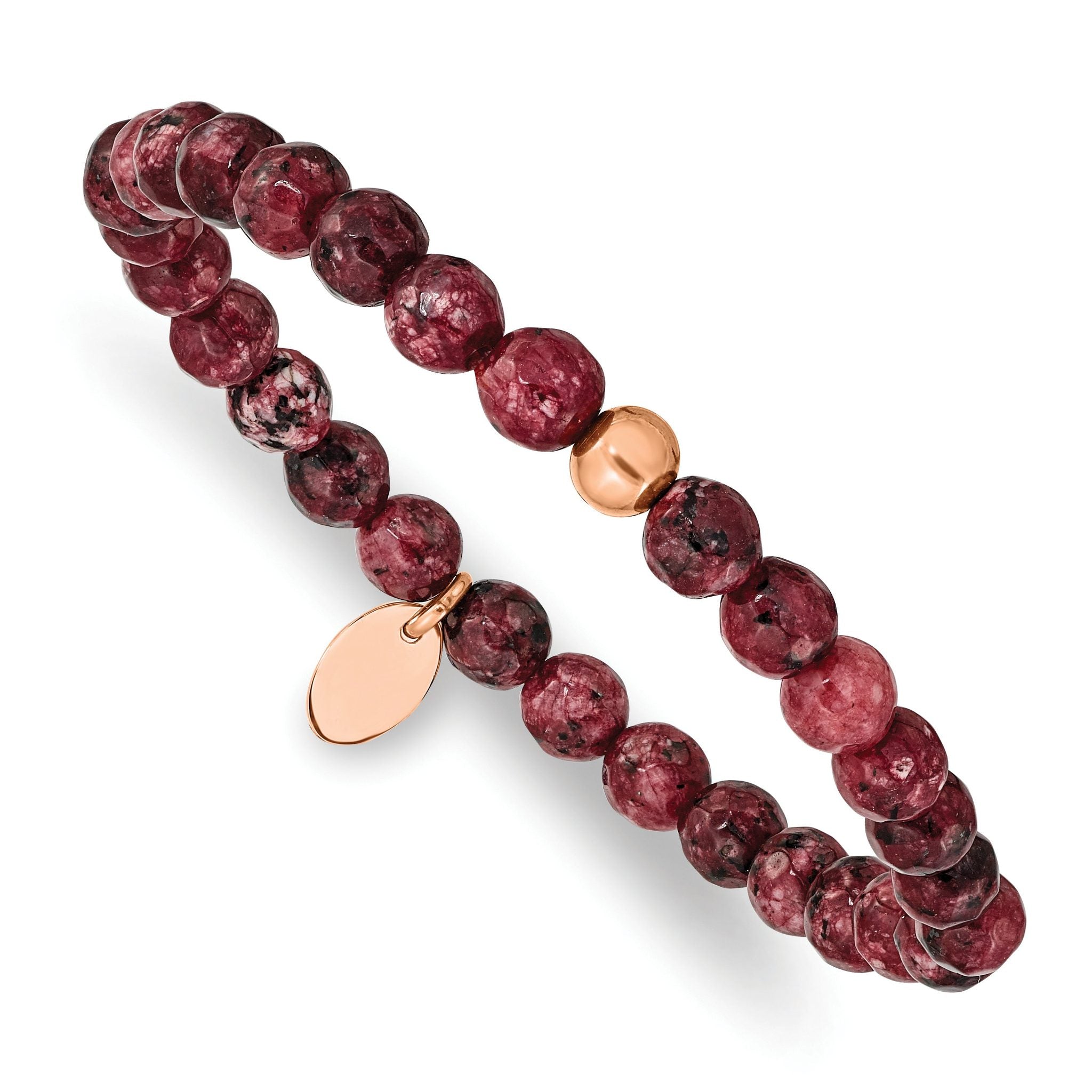 Chisel Stainless Steel Polished Rose IP-plated 6mm Red Jade Beaded Stretch Bracelet Main image