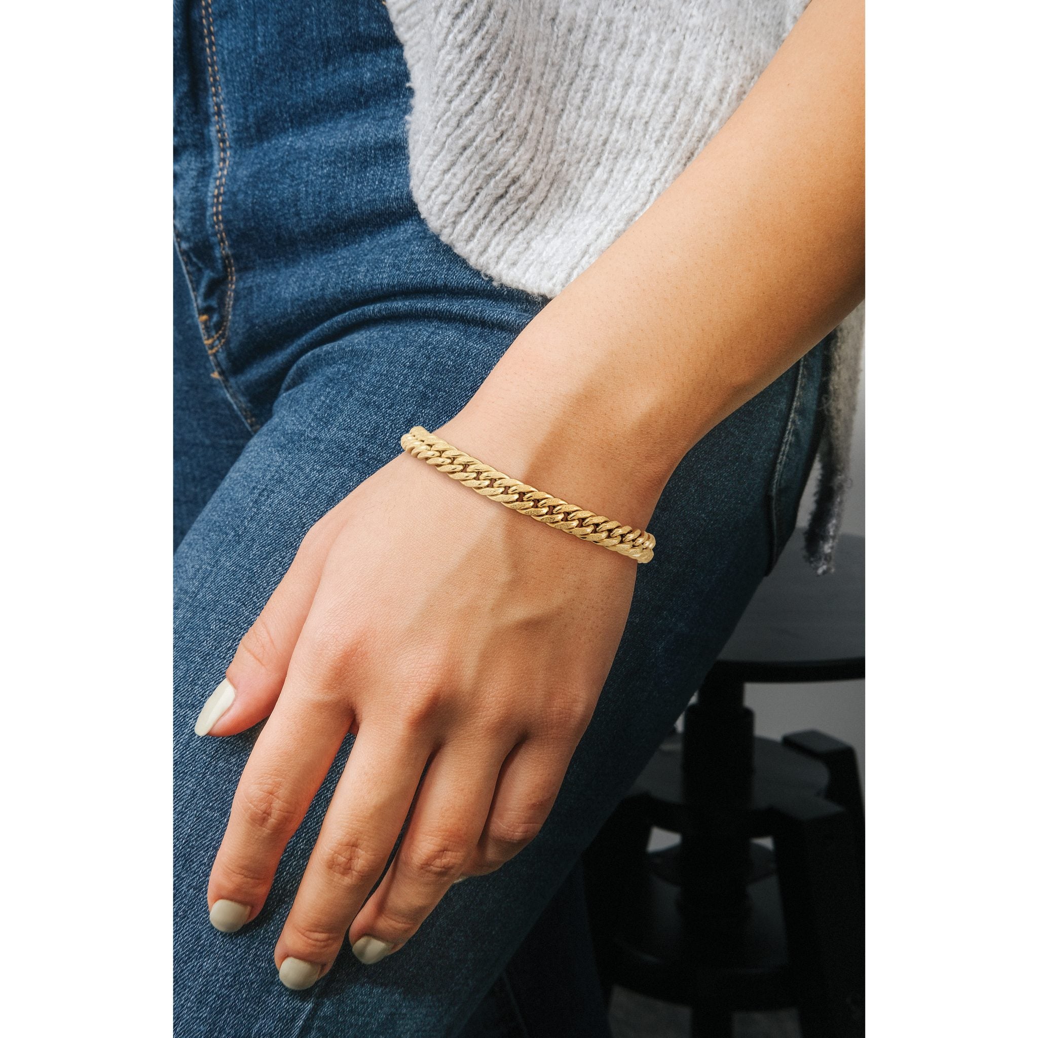 14K Polished and Textured Fancy Curb Bracelet