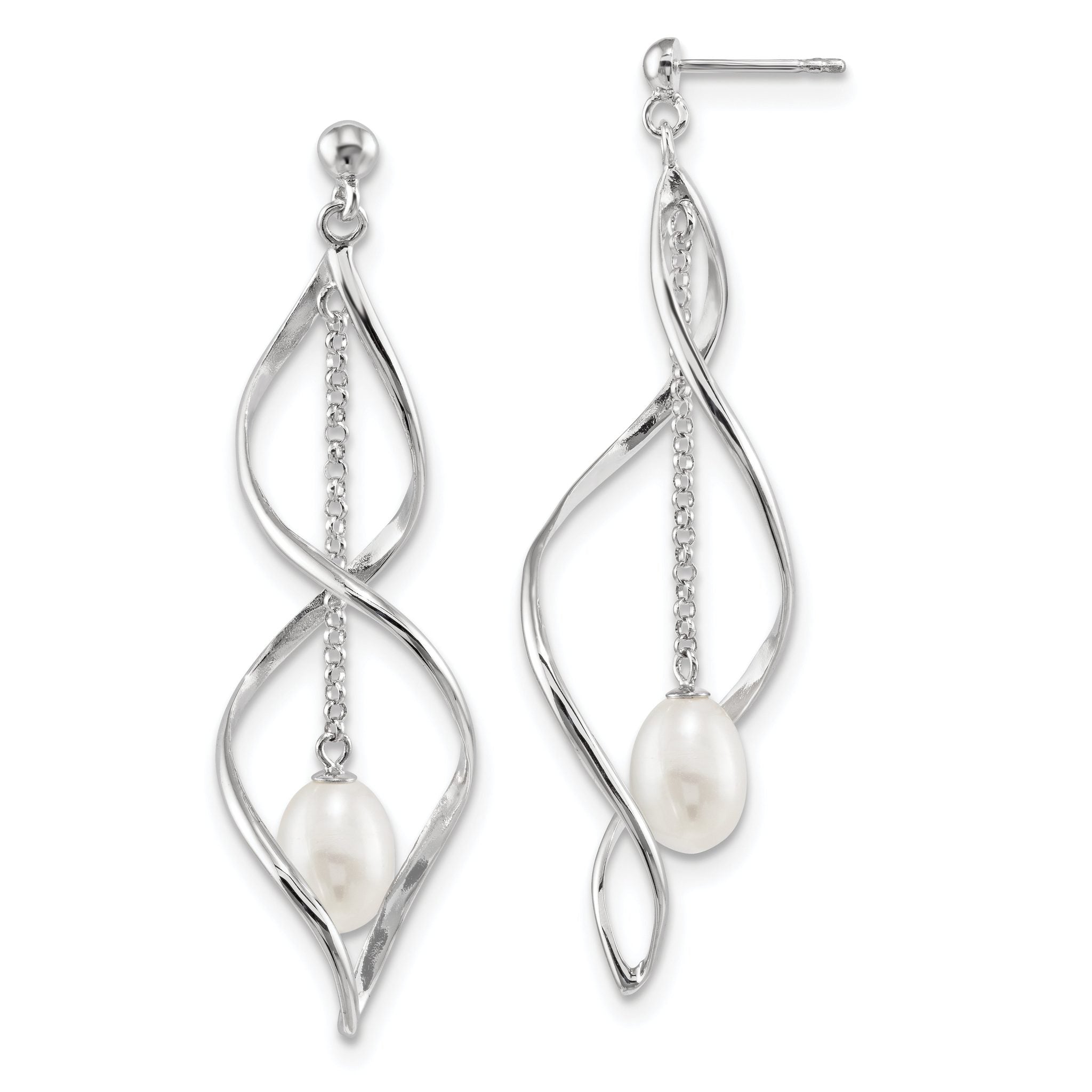Sterling Silver Rhodium-plated 7-8mm White Rice Freshwater Cultured Pearl Post Dangle Earring Main image