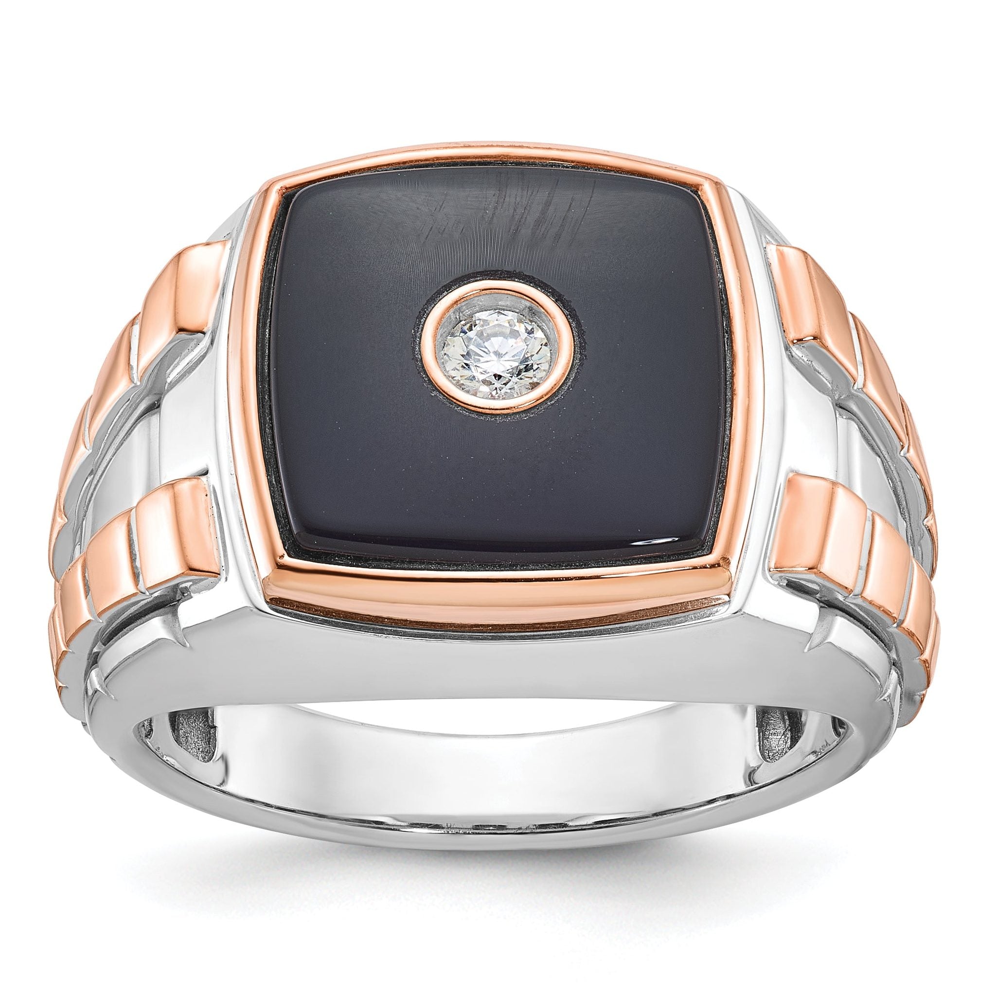 14k Two-tone White/Rose Gold Mens Cushion Onyx and 1/10 carat Diamond Complete Ring Main image