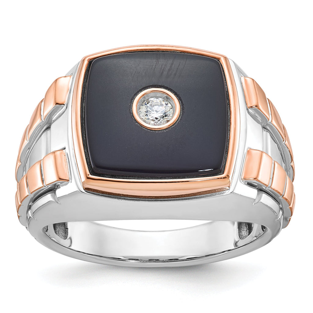 14k Two-tone White/Rose Gold Mens Cushion Onyx and 1/10 carat Diamond Complete Ring