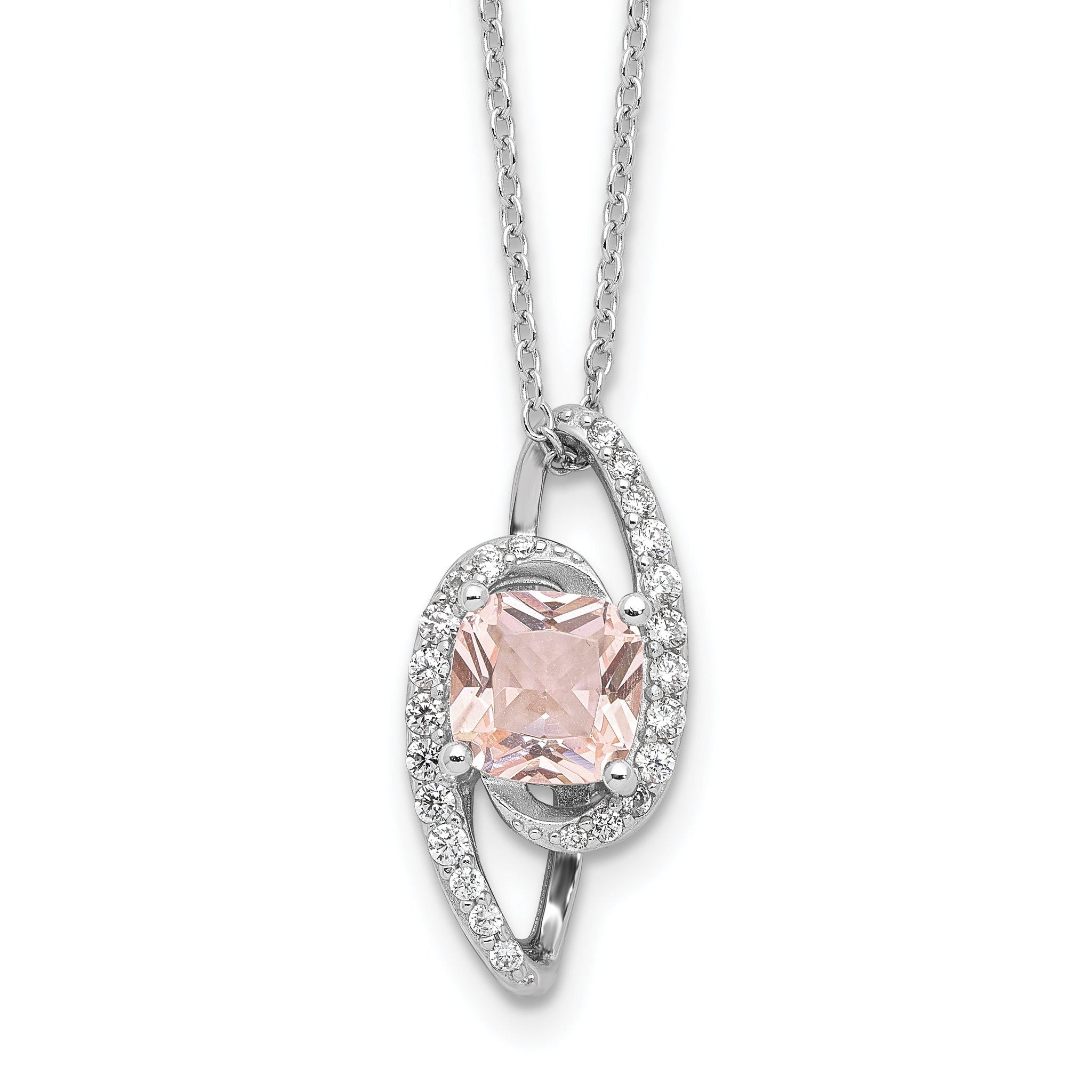 Cheryl M Sterling Silver Rhodium-plated Cushion-cut Simulated Morganite & White Brilliant-cut CZ 18 Inch Necklace with 2 Inch Extender Main image