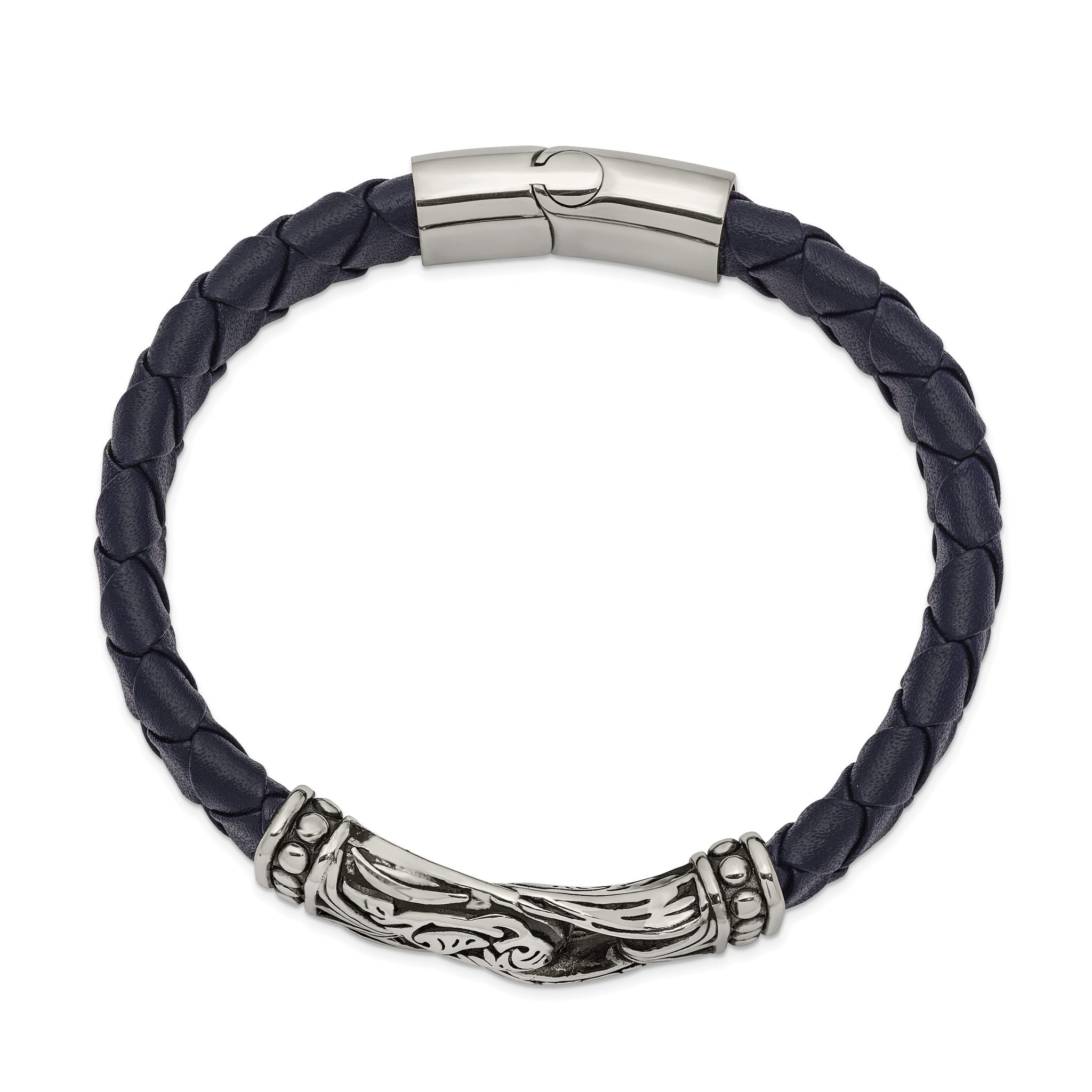 Stainless Steel Antiqued and Polished Blue Woven Leather Bracelet for Men Secondary image