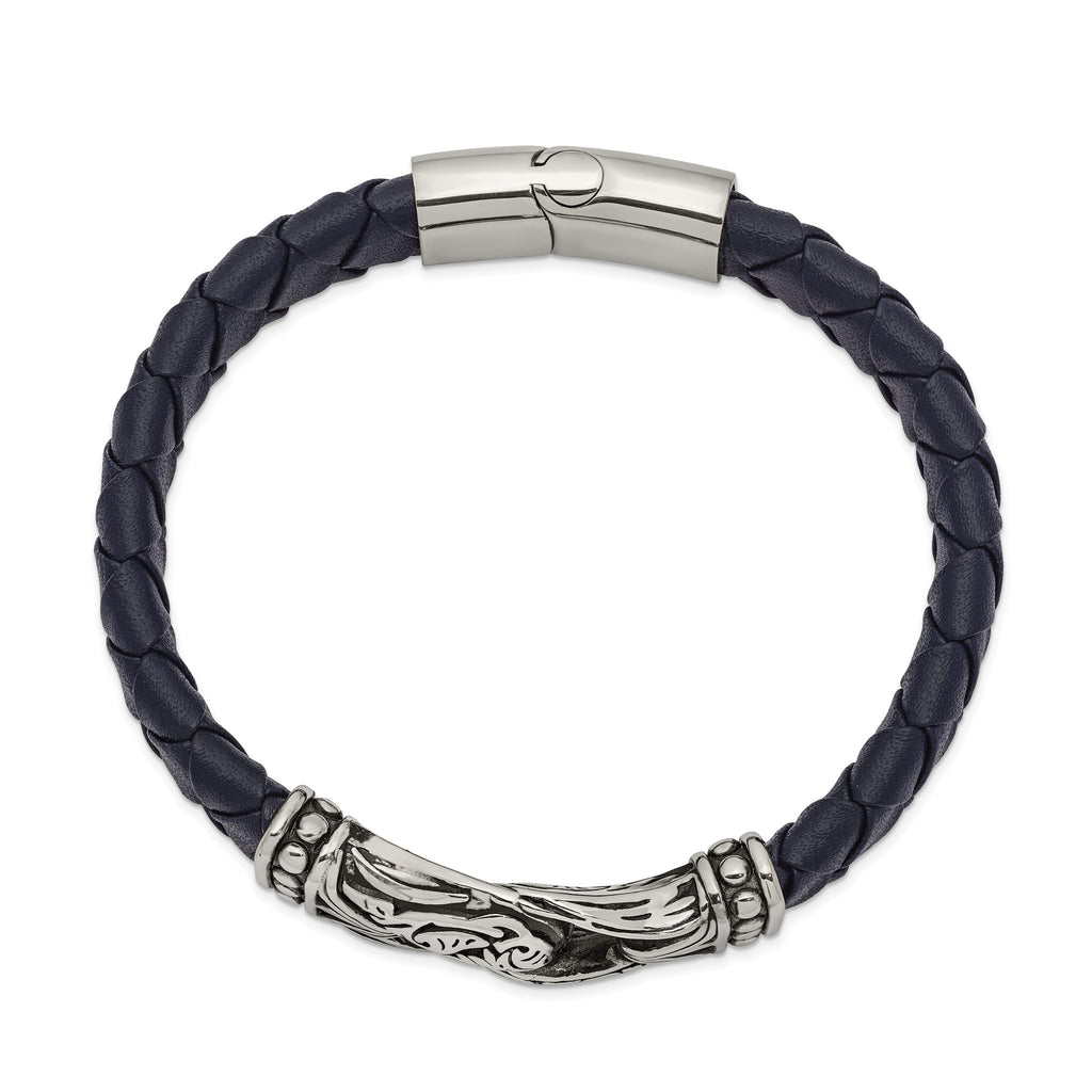 Stainless Steel Antiqued and Polished Blue Woven Leather Bracelet for Men
