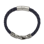 Stainless Steel Antiqued and Polished Blue Woven Leather Bracelet for Men