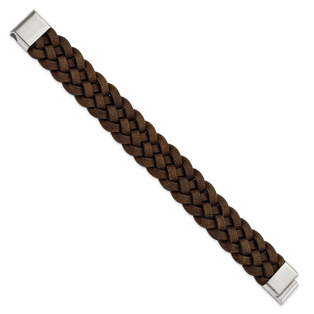 Stainless Steel Polished Brown Braided Leather Bracelet for Men