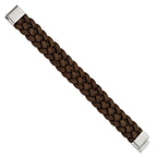 Stainless Steel Polished Brown Braided Leather Bracelet for Men
