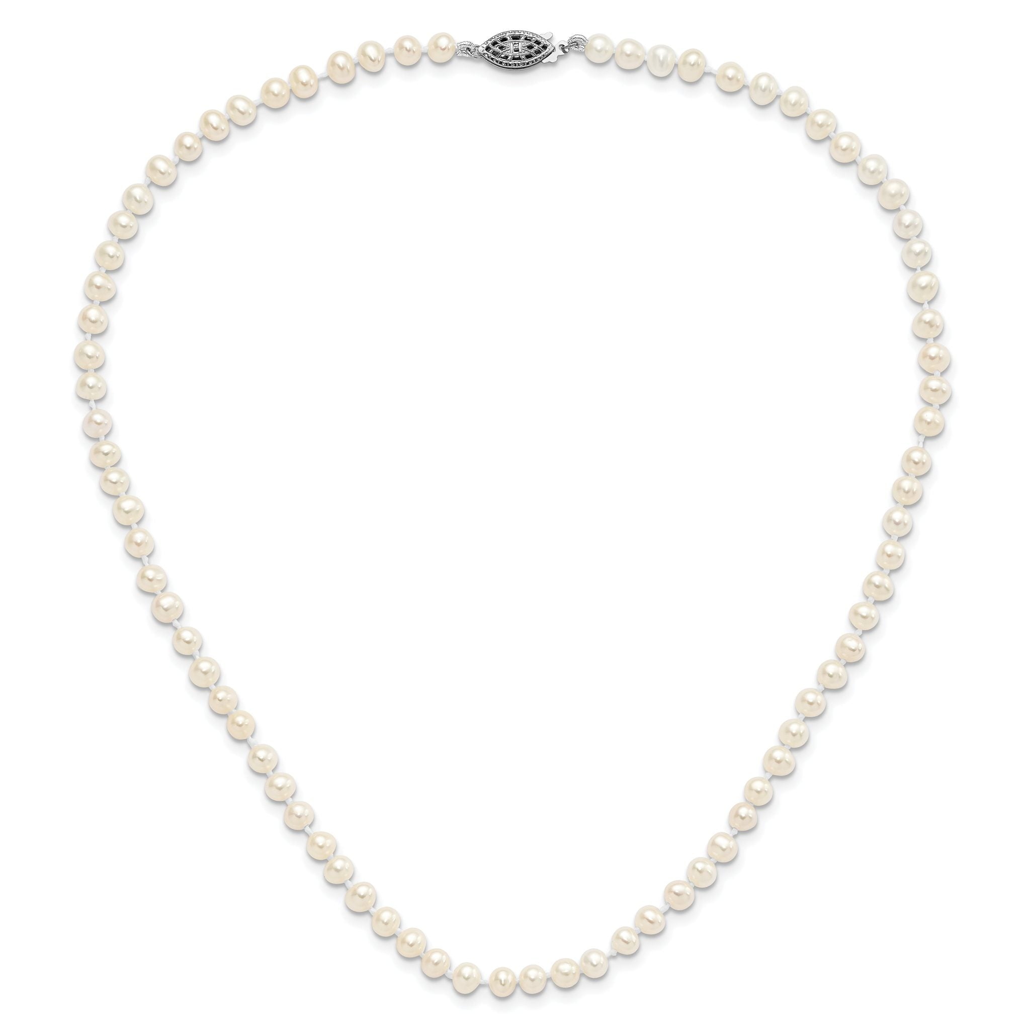 Sterling Silver Rhodium-plated 4-5mm White Near-Round Freshwater Cultured Pearl 16 inch Necklace