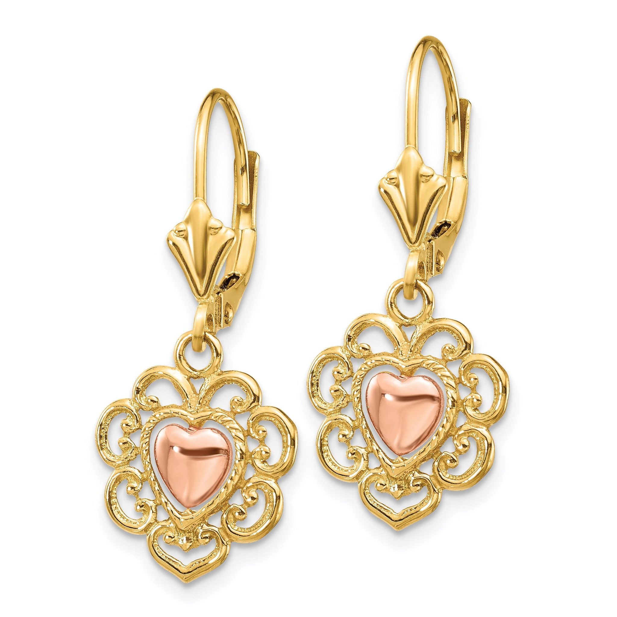 14K Two-Tone Gold Heart Leverback Earrings with Lace Trim, Polished Finish Secondary image