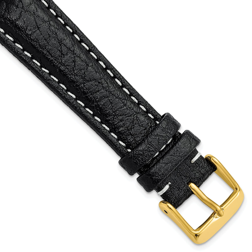 Sport Watch Band in Black Leather with White Stitching, 16mm