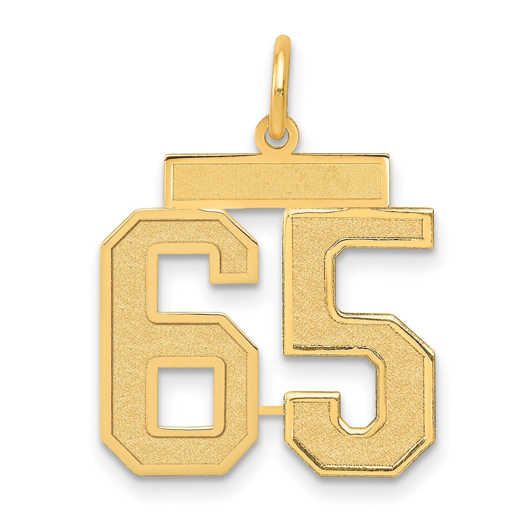 14K Gold Medium Satin Number 65 Charm with Brushed Finish Laser Cut Design Main image