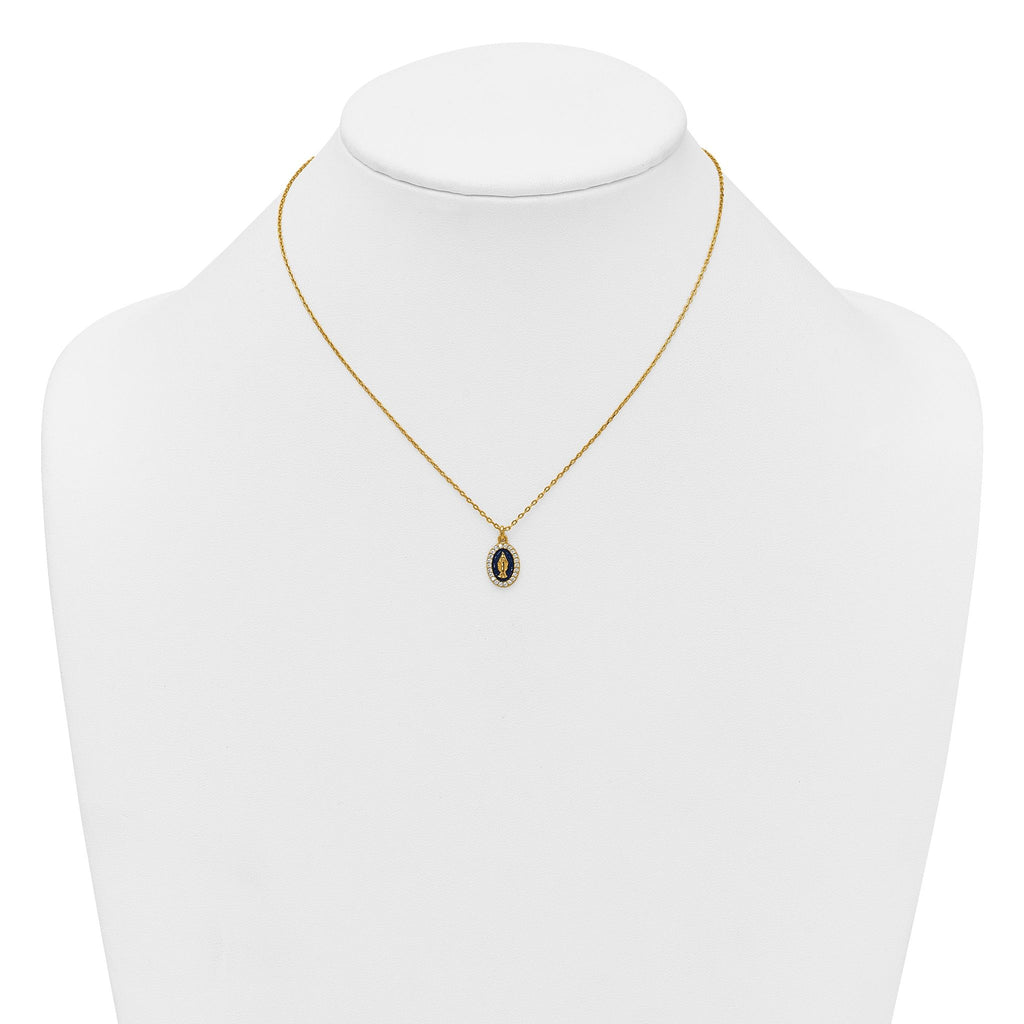 Sterling Silver Gold-plated CZ and Blue Enamel Miraculous Medal 15.75 inch with 2 inch extender Necklace