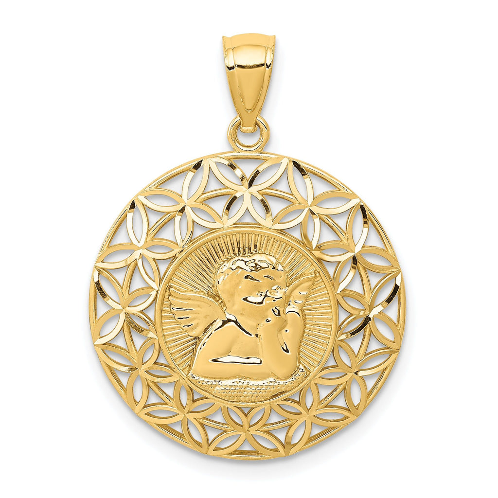 14K Gold Polished Angel Medal Pendant with Diamond-Cut Detailing  28mm