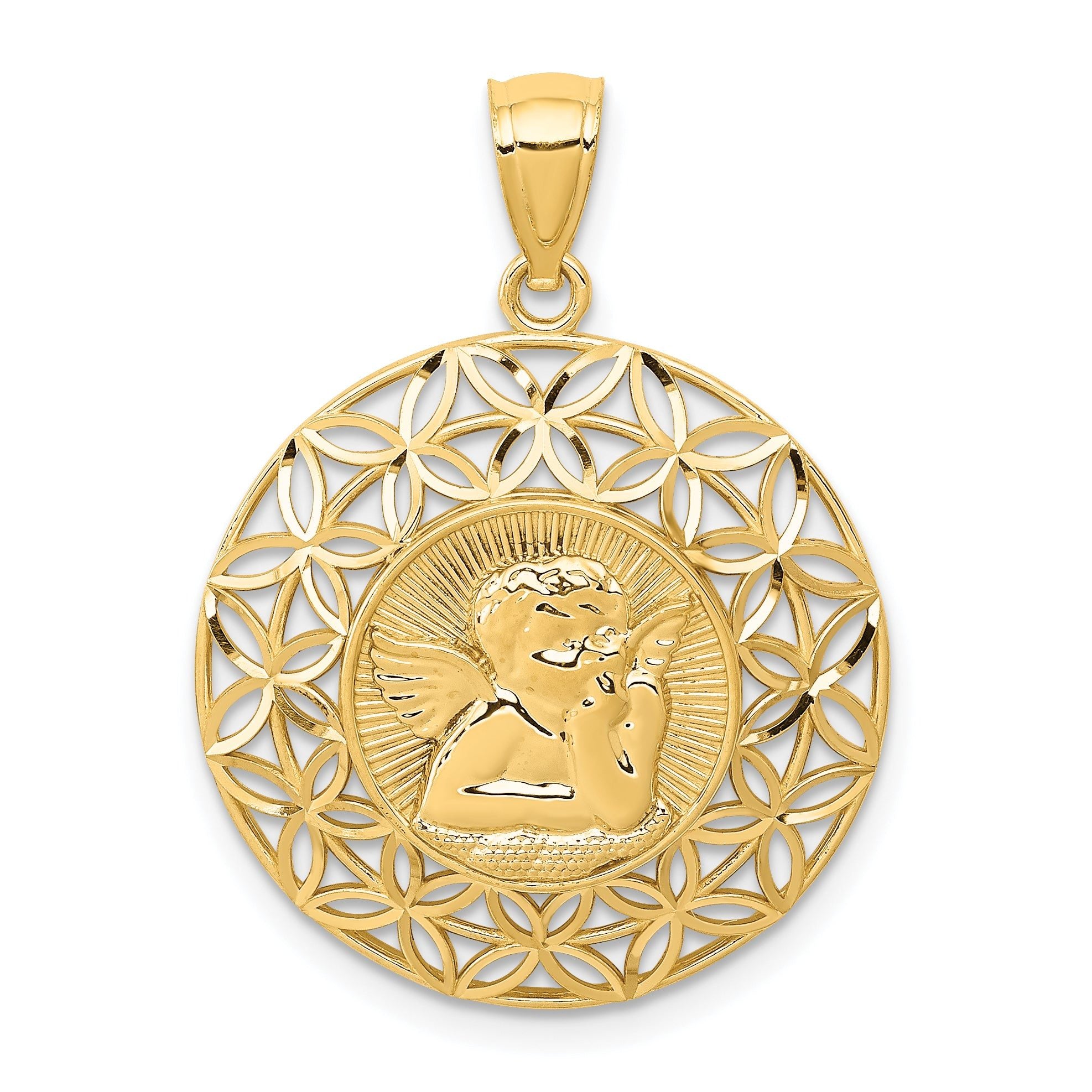 14K Gold Polished Angel Medal Pendant with Diamond-Cut Detailing  28mm