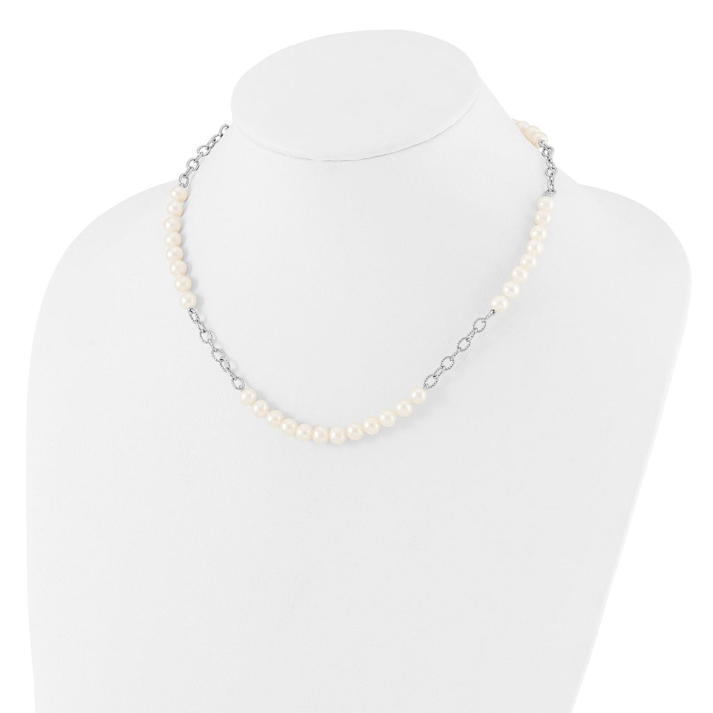 Sterling Silver Rhodium-plated 6-8mm White Near-Round Freshwater Cultured Pearl 18 inch Necklace and Post Earrings Set