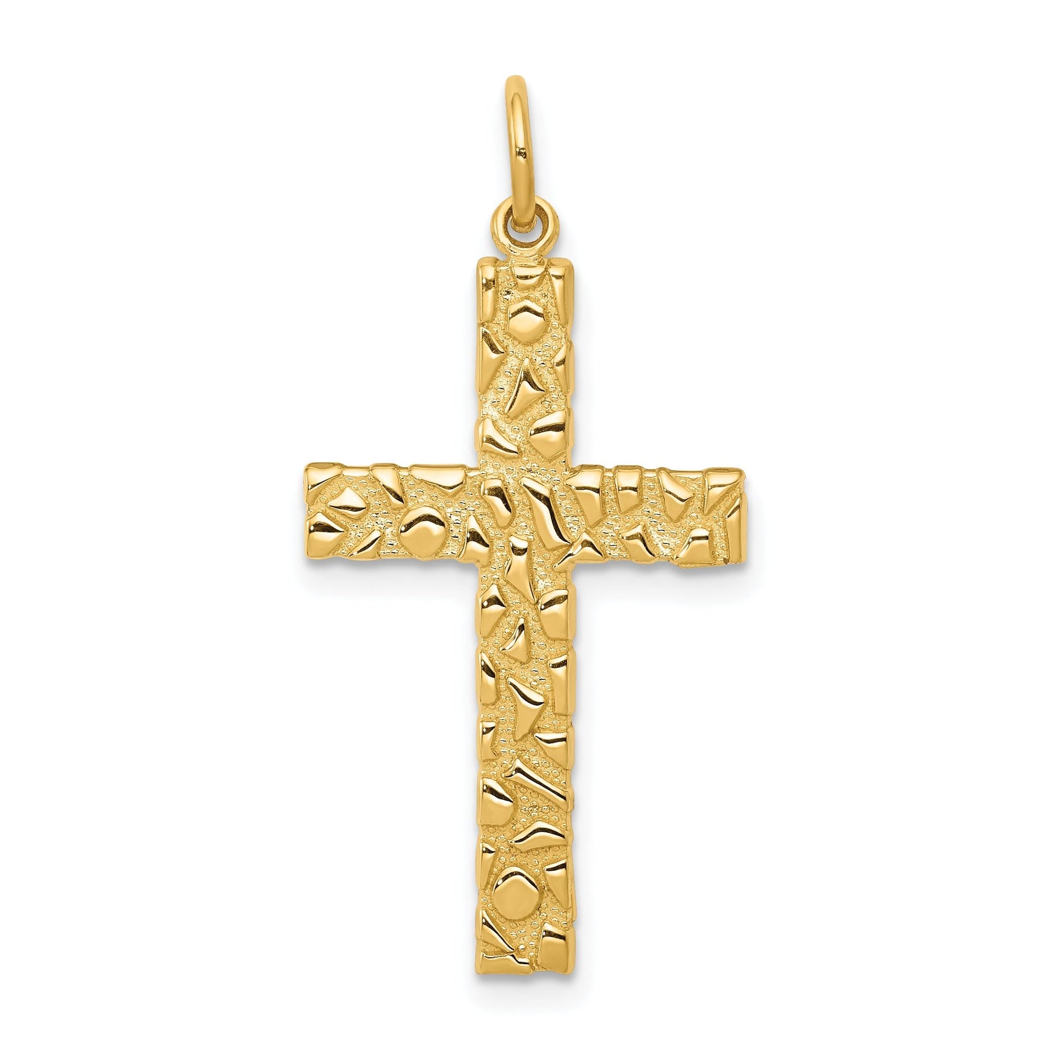 14K Gold Polished Nugget Cross Pendant with Textured Finish