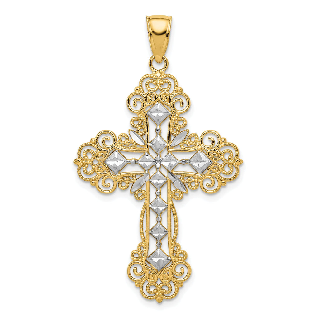 14K Gold Rhodium-Plated Cross Pendant with Diamond Pattern Textured Finish