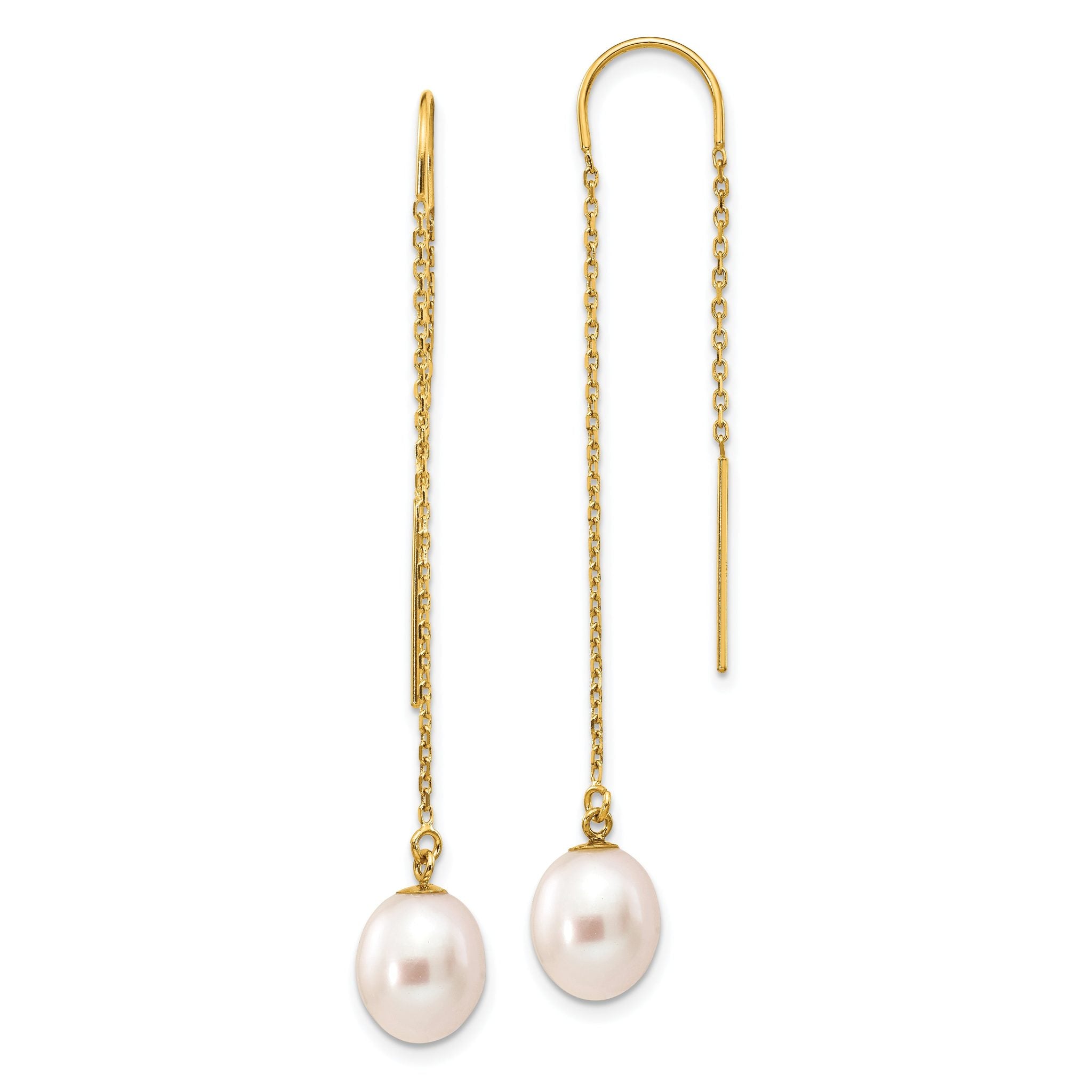 14k 7-8mm White Rice Freshwater Cultured Pearl Dangle Threader Earrings Main image