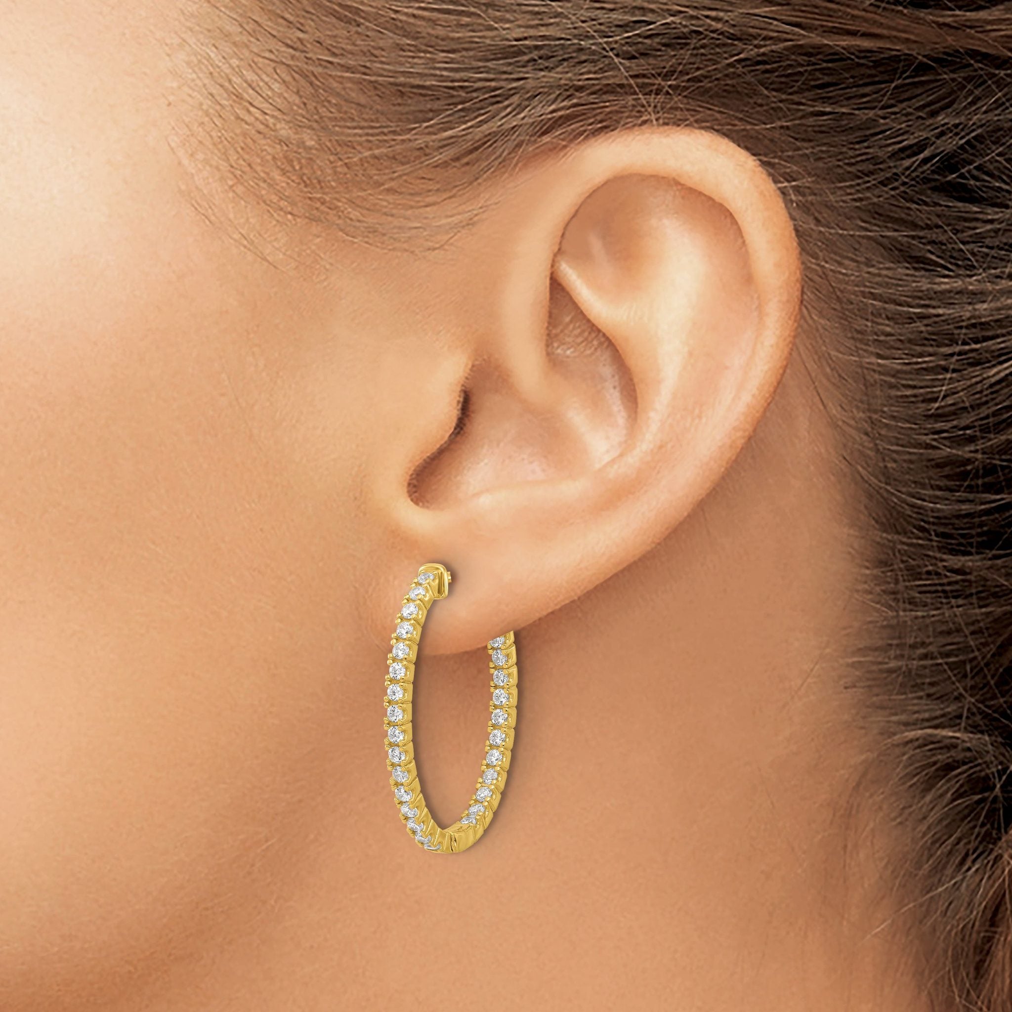Sterling Shimmer Sterling Silver Gold-tone Flash Gold-plated 1.7mm CZ 54 Stone Oval In and Out Hinged Hoop Earrings Secondary image