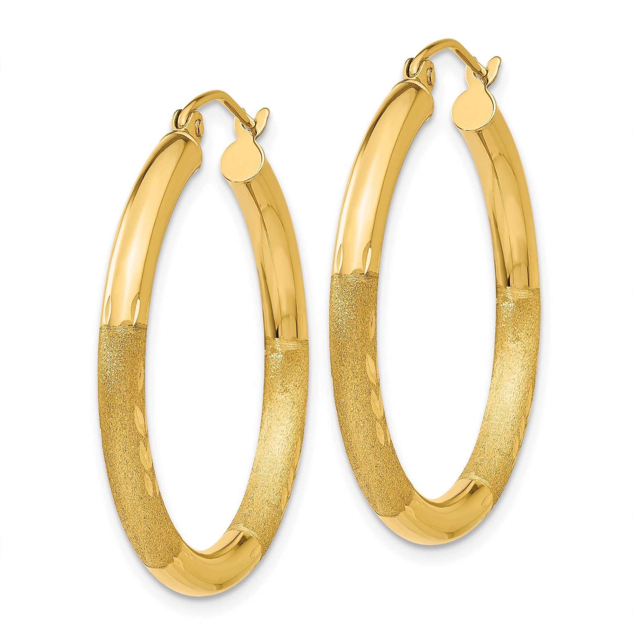14k Satin and Diamond-cut 3mm Round Hoop Earrings Secondary image