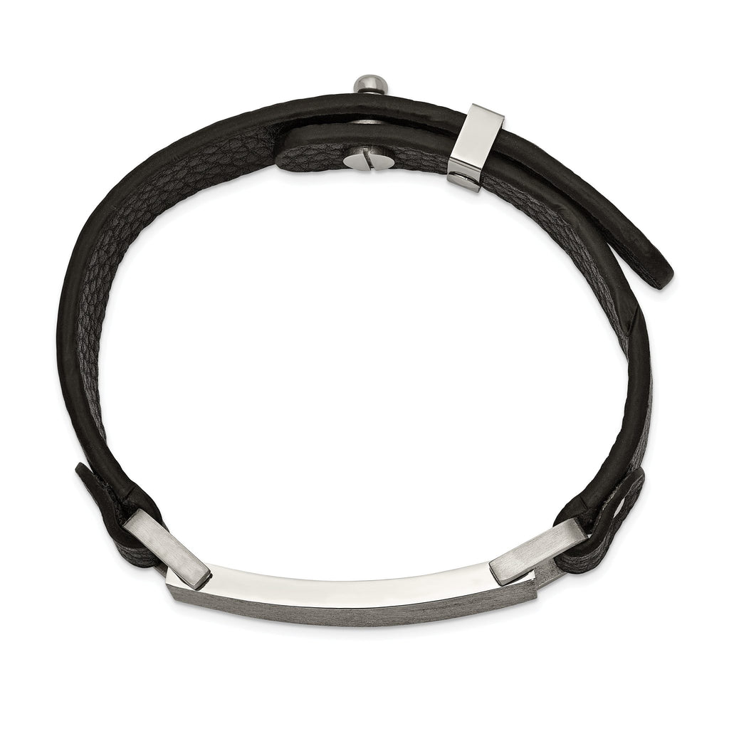 Stainless Steel Polished Scratch Finished Black Leather Adjustable ID Bracelet for Men