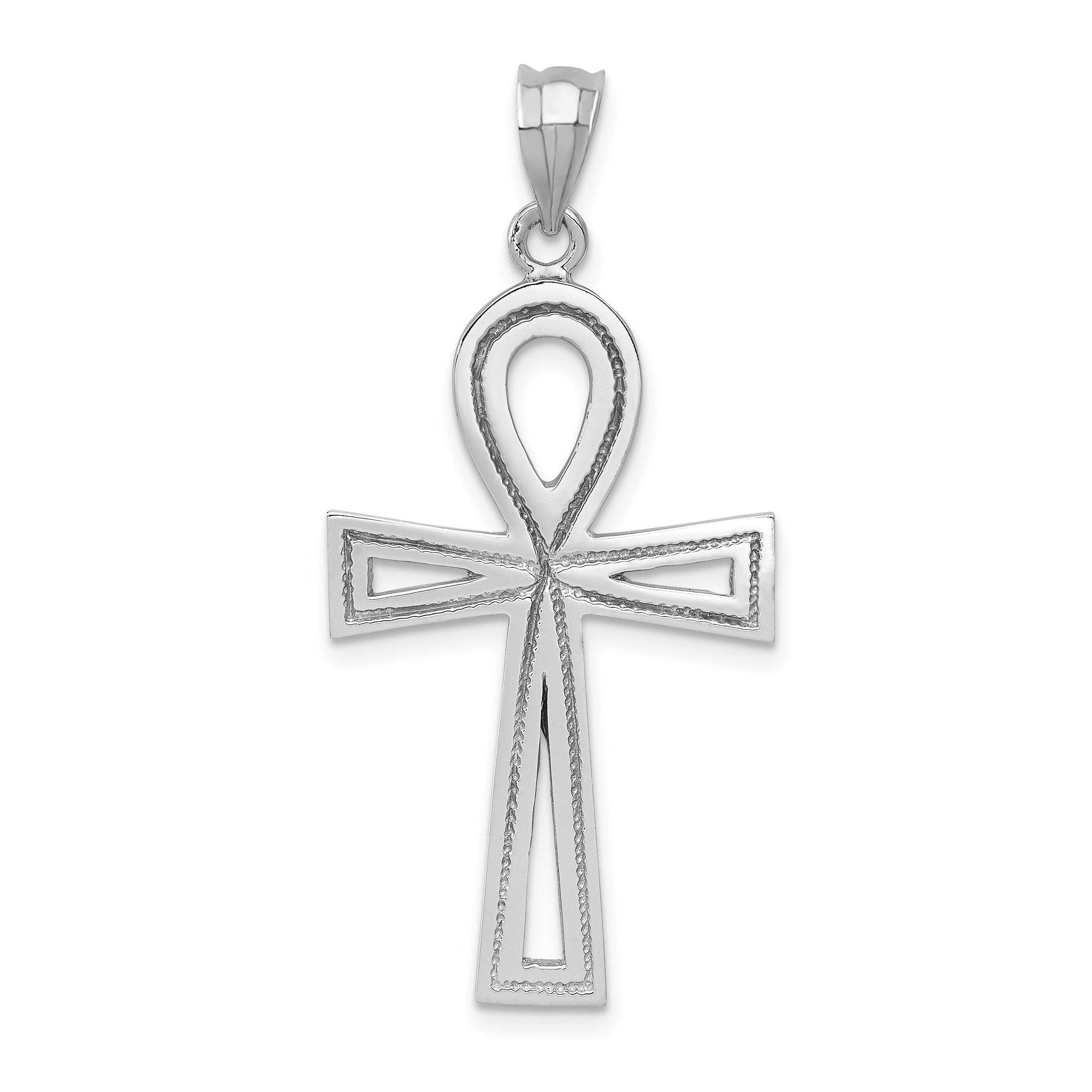 14K White Gold Ankh Cross Pendant with Polished Rhodium Finish
