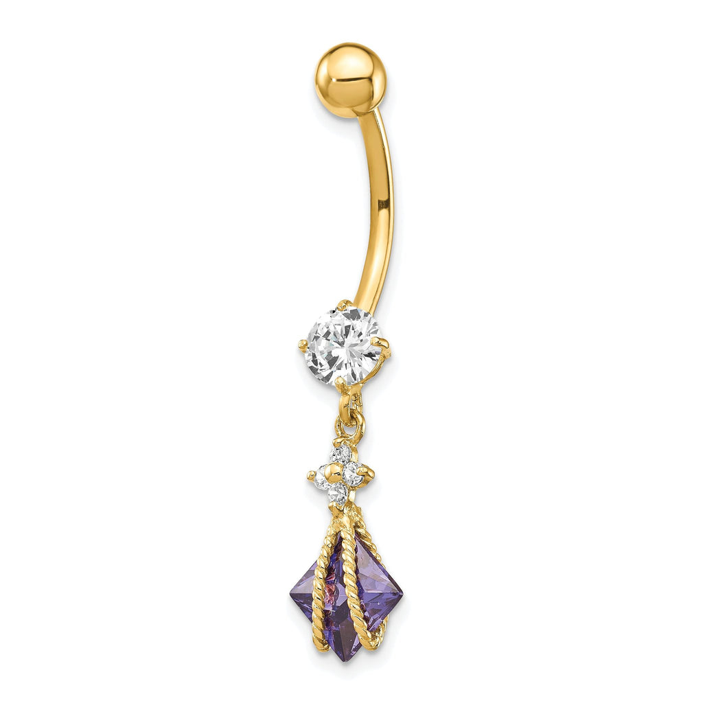 10K Gold Belly Dangle with Square Amethyst and CZ Elegance