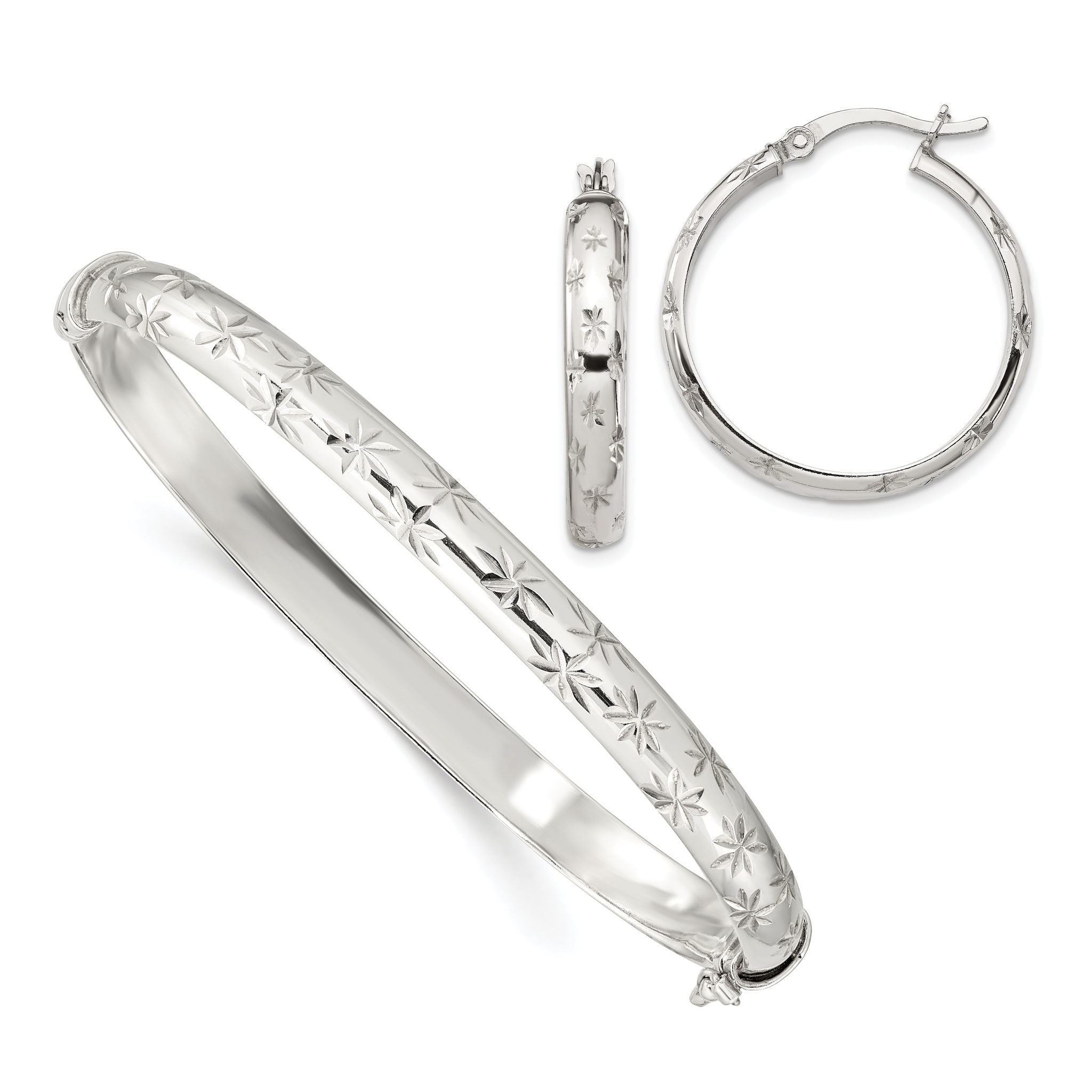 Sterling Silver Diamond Cut 6mm Bangle and 4mm Hoop Earring Set Main image