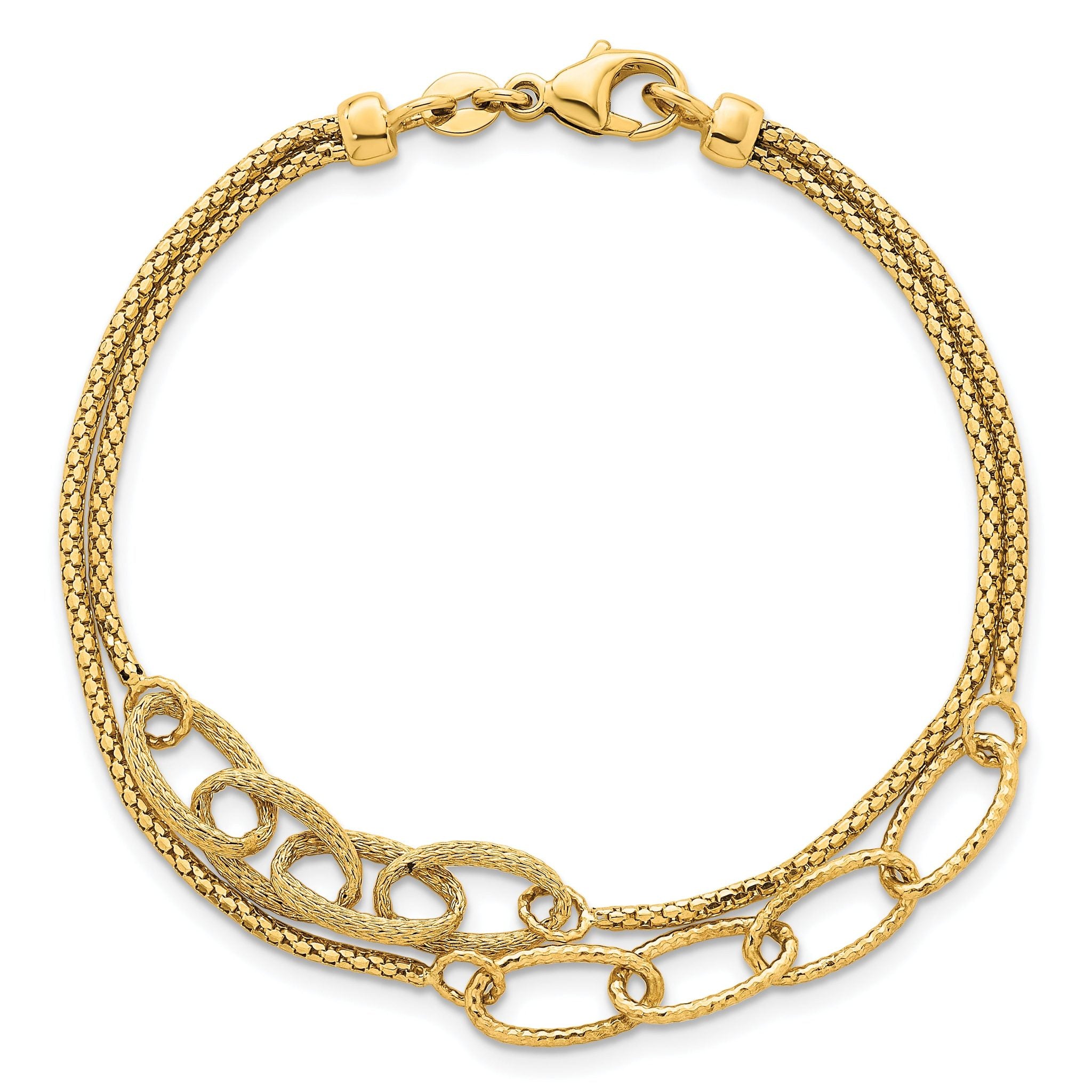 14K Polished and Textured Woven Double Strand with Oval Links 7.25 inch Bracelet