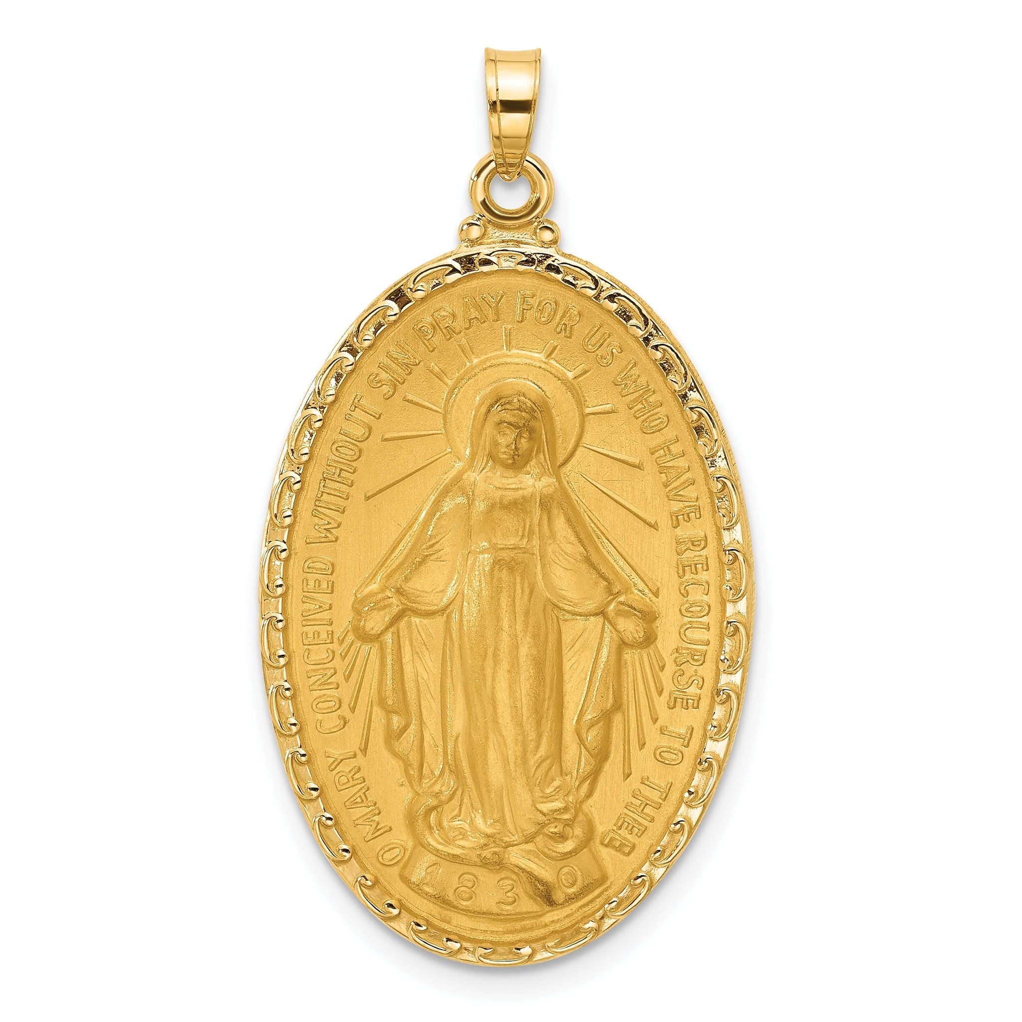 14k Satin and Polished Miraculous Medal Solid Oval Pendant Main image